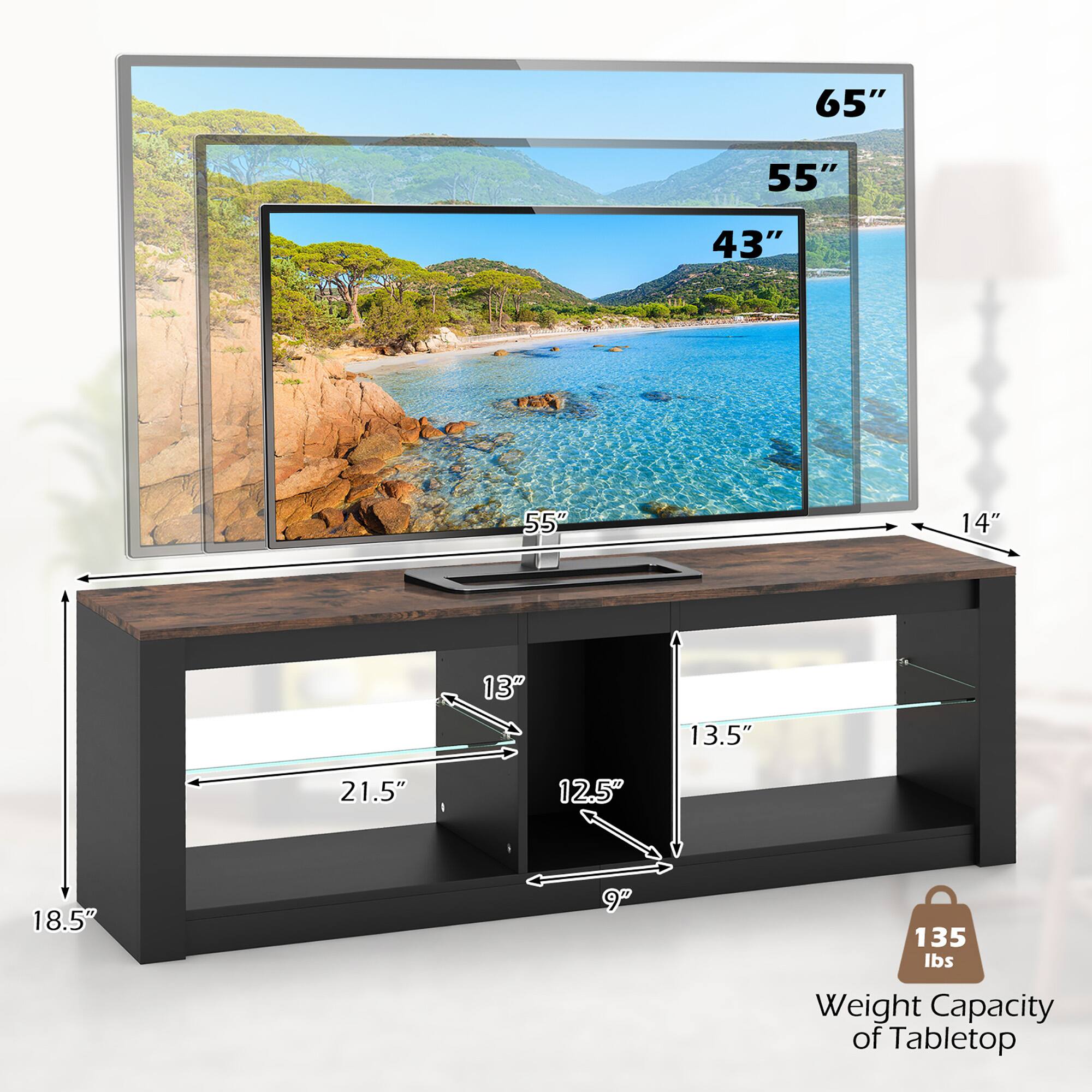 65", 55", 43", 14", 13", 13.5", 21.5", 12.5", 18.5", 9", 135 lbs Weight Capacity of Tabletop