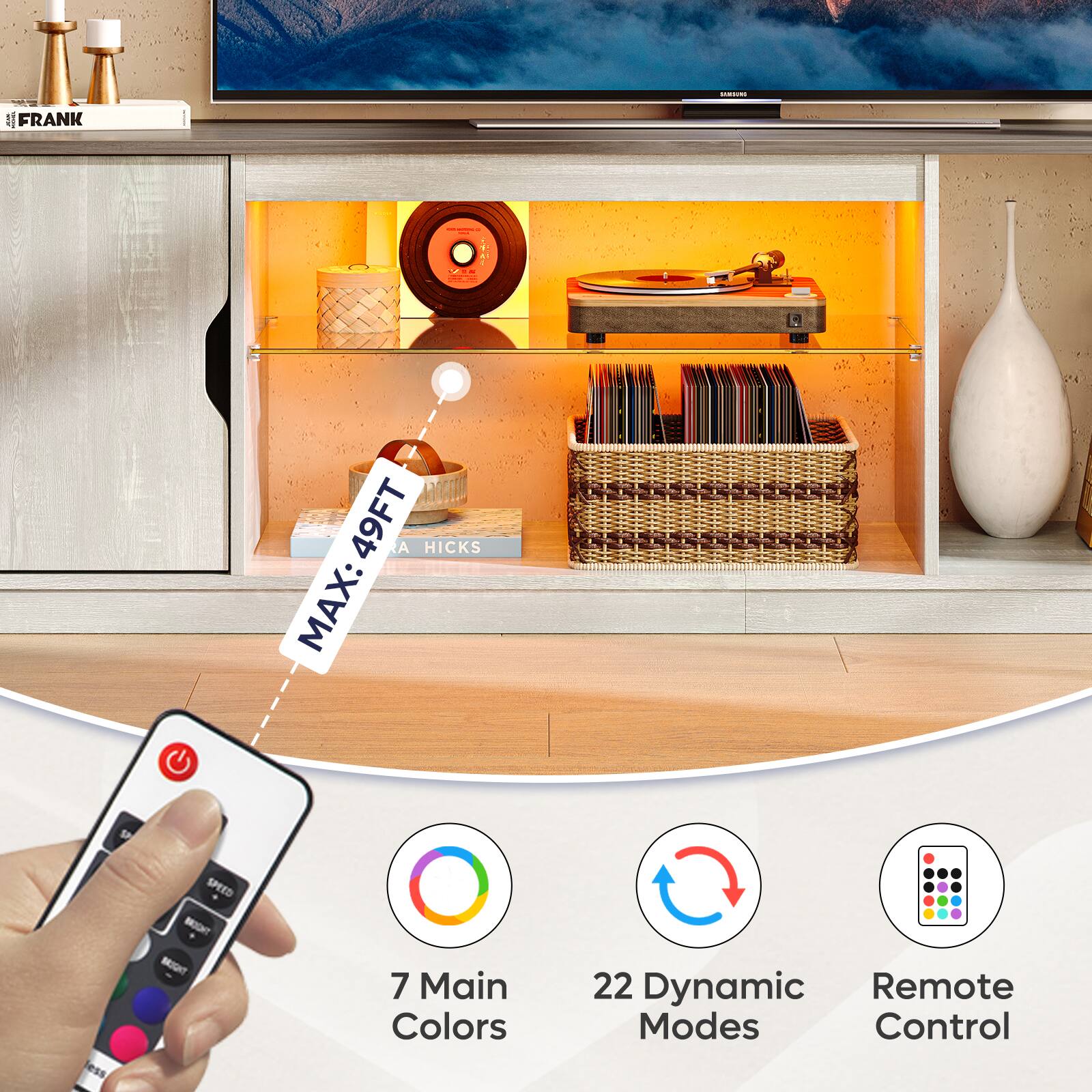 The text on the image reads: "Frank - 49FT Hicks MAX: less SPEED BGNT - 7 Main Colors 22 Dynamic Remote Modes Control."