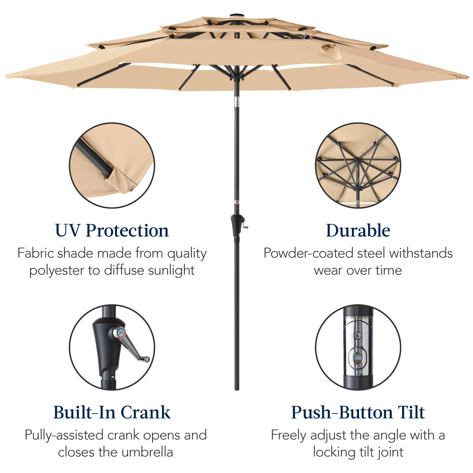 UV Protection Fabric shade made from quality polyester to diffuse sunlight. Durable Powder-coated steel withstands wear over time. Built-In Crank: Pulley-assisted crank opens and closes the umbrella. Push-Button Tilt: Freely adjust the angle with a locking tilt joint.