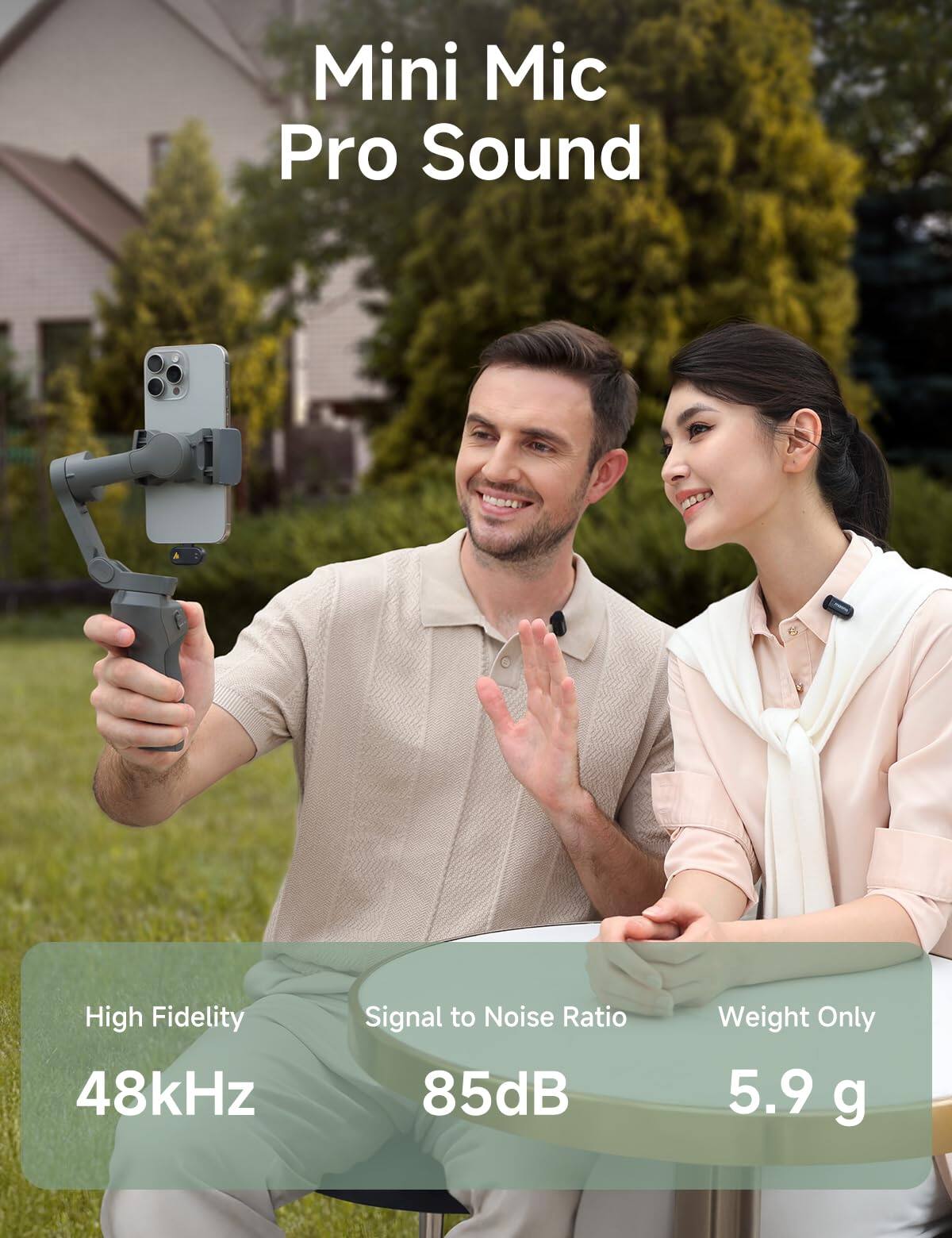 Mini Mic Pro Sound

- High Fidelity: 48kHz
- Signal to Noise Ratio: 85dB
- Weight Only: 5.9 g