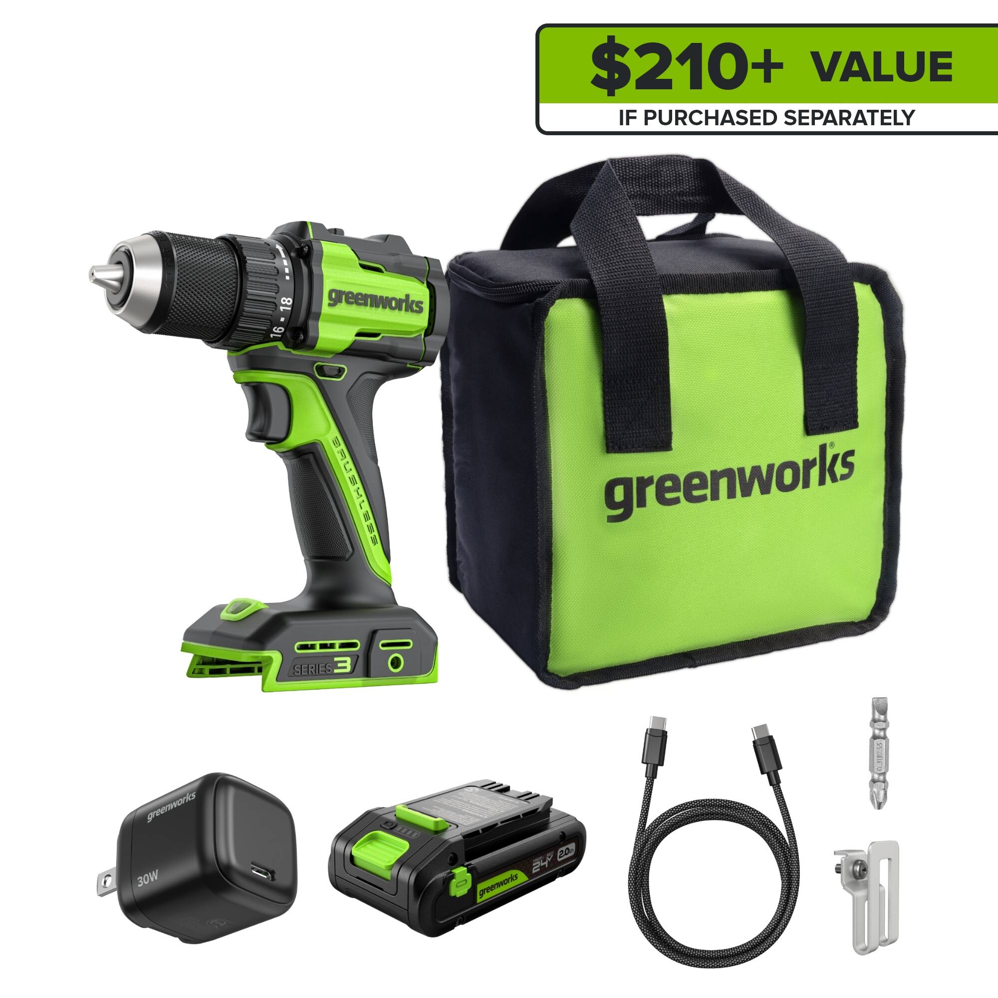 $210+ VALUE IF PURCHASED SEPARATELY

16 - 18 greenworks SERIES 3

1 greenworks 30W SUE

2 greenworks