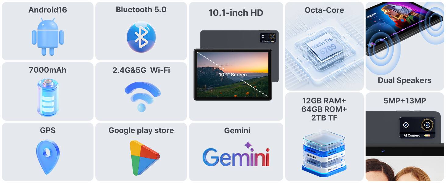 Android 16  
Bluetooth 5.0  
10.1-inch HD  
Octa-Core  
7000mAh  
2.4G&5G Wi-Fi  
10.1" Screen  
Dual Speakers  
GPS  
Google Play Store  
Gemini  
12GB RAM + 64GB ROM + 2TB TF  
5MP + 13MP AI Camera