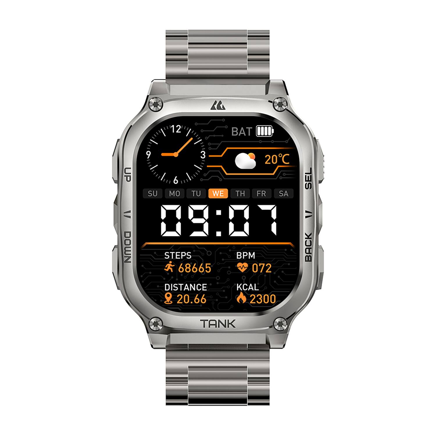 12 BAT 9 3 20°C UP 6 SEL SU MO TU WE TH FR SA V = 09:07 DOWN STEPS 68665 BPM 072 DISTANCE 20.66 KCAL 2300 TANK