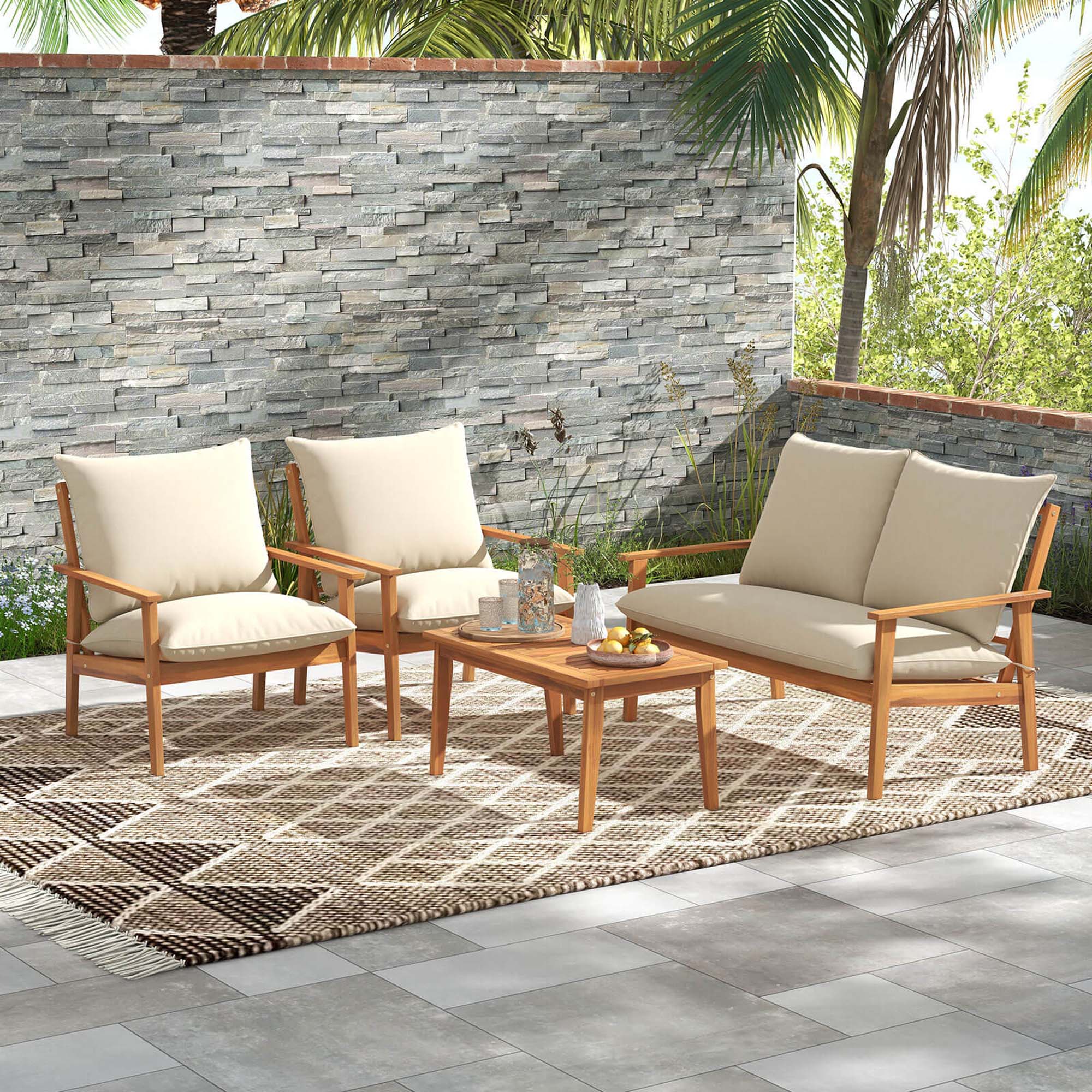 Alt View 1. Costway - 4 PCS Acacia Wood Patio Furniture Set with Soft Cushions and Coffee Table - Off White,Natural.