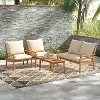 Costway 4 PCS Acacia Wood Patio Furniture Set with Soft Cushions and Coffee Table - Off White,Natural - Front_Zoom
