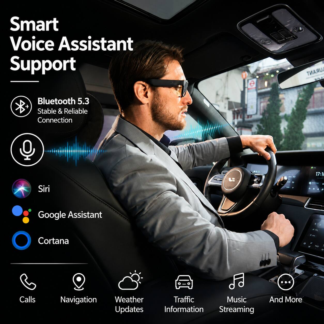 Smart Voice Assistant Support

Bluetooth 5.3 Stable & Reliable Connection

Siri
Google Assistant
Cortana

Calls
Navigation
Weather Updates
Traffic Information
Music Streaming
And More