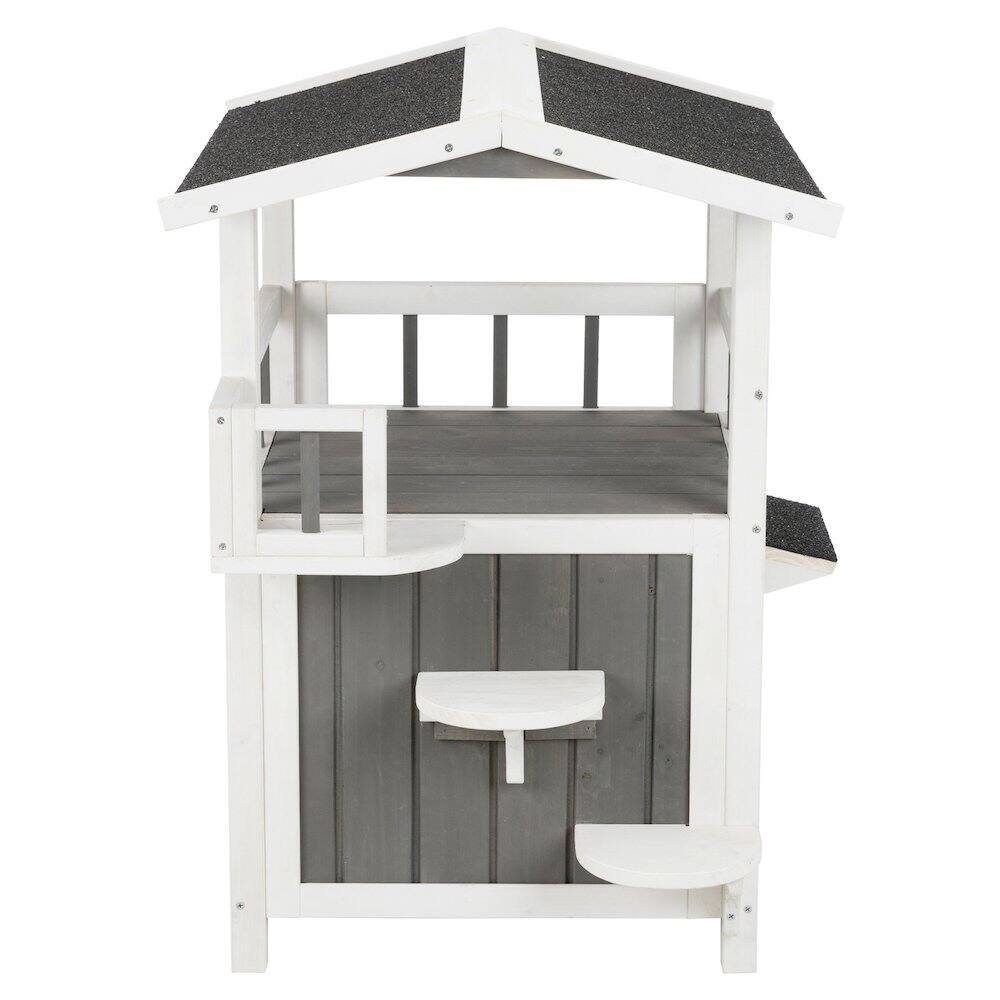 Left. TRIXIE - Wooden Outdoor or Indoor Cat House with Shaded Balcony for Small Cats, Gray - Gray/White.