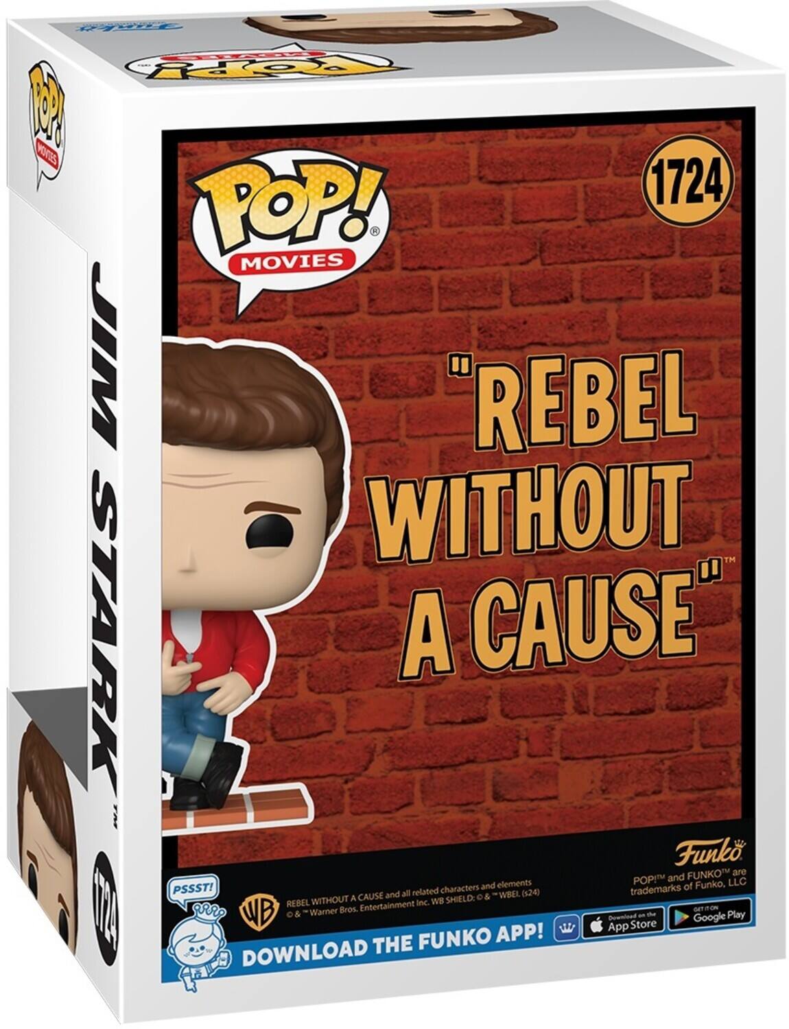 CE POPY 1 KOES POP! 1724 MOVIES JIM "REBEL WITHOUT STARK A CAUSE" Funko FUNKO are POP! and LLC PSSST! and all related characters and elements of Funko, and all related characters WBEL (s24) trademarks WITHOUT A CAUSE WB SHIELD: & REBEL Warner Bros. Entertainment Inc. GETTON & Gownload - de Google Play App Store FUNKO APP! DOWNLOAD THE
