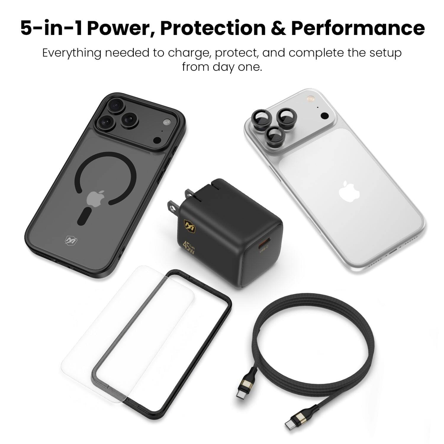 5-in-1 Power, Protection & Performance  
Everything needed to charge, protect, and complete the setup from day one.