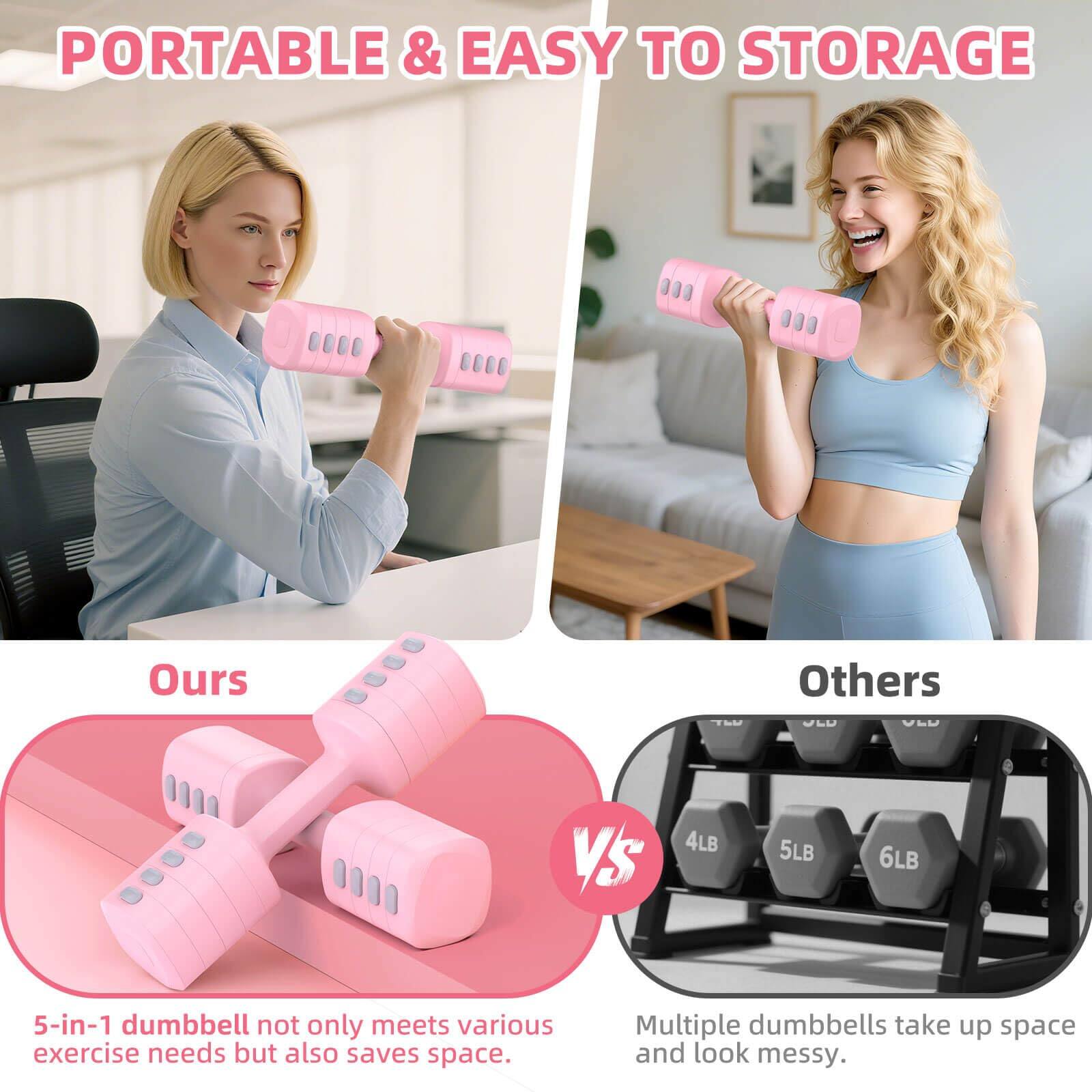 PORTABLE & EASY TO STORAGE

Ours

5-in-1 dumbbell not only meets various exercise needs but also saves space.

Others

Multiple dumbbells take up space and look messy.

4LB 5LB 6LB