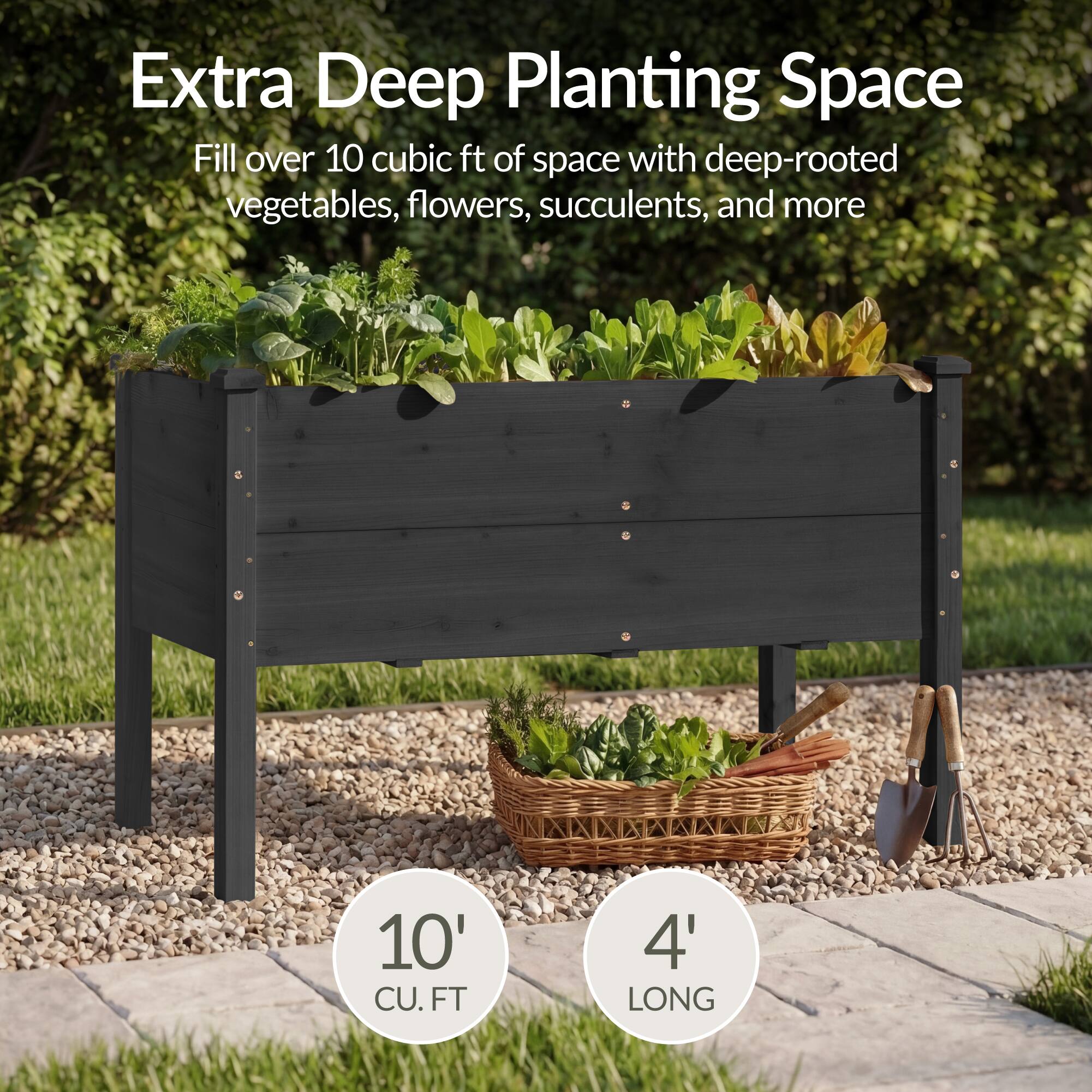 Extra Deep Planting Space

Fill over 10 cubic ft of space with deep-rooted vegetables, flowers, succulents, and more

10' CU. FT

4' LONG