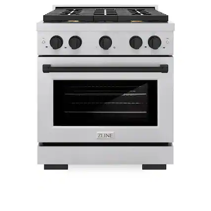Front. ZLINE - ZLINE Autograph 30 in. Paramount Satin Steel Gas Range w/ 4 Burners & Black Accents (SGRSZ-30-MB) - Stainless Steel.