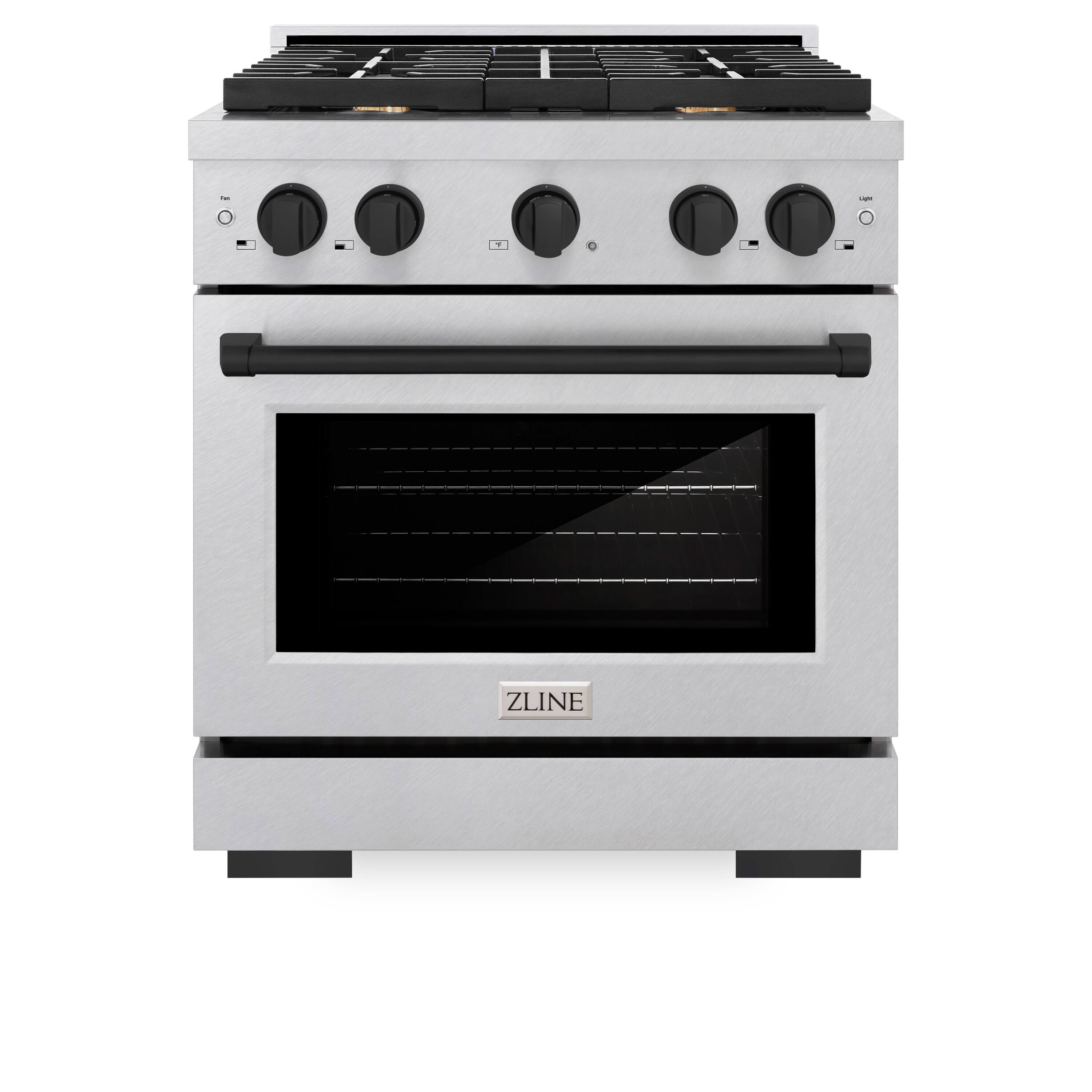Front. ZLINE - ZLINE Autograph 30 in. Paramount Satin Steel Gas Range w/ 4 Burners & Black Accents (SGRSZ-30-MB) - Stainless Steel.