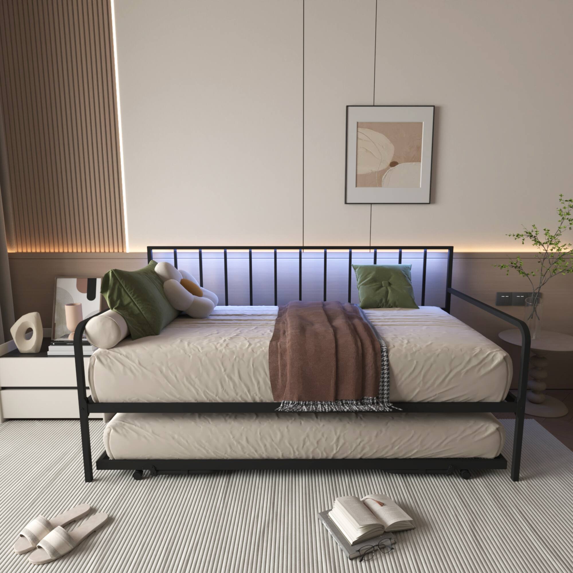 Left. GOODSILO - Adjustable Twin Daybed with RGB LED Lighting and Multi-Port Charging Station, Sturdy Metal Frame with Trundle - Black.