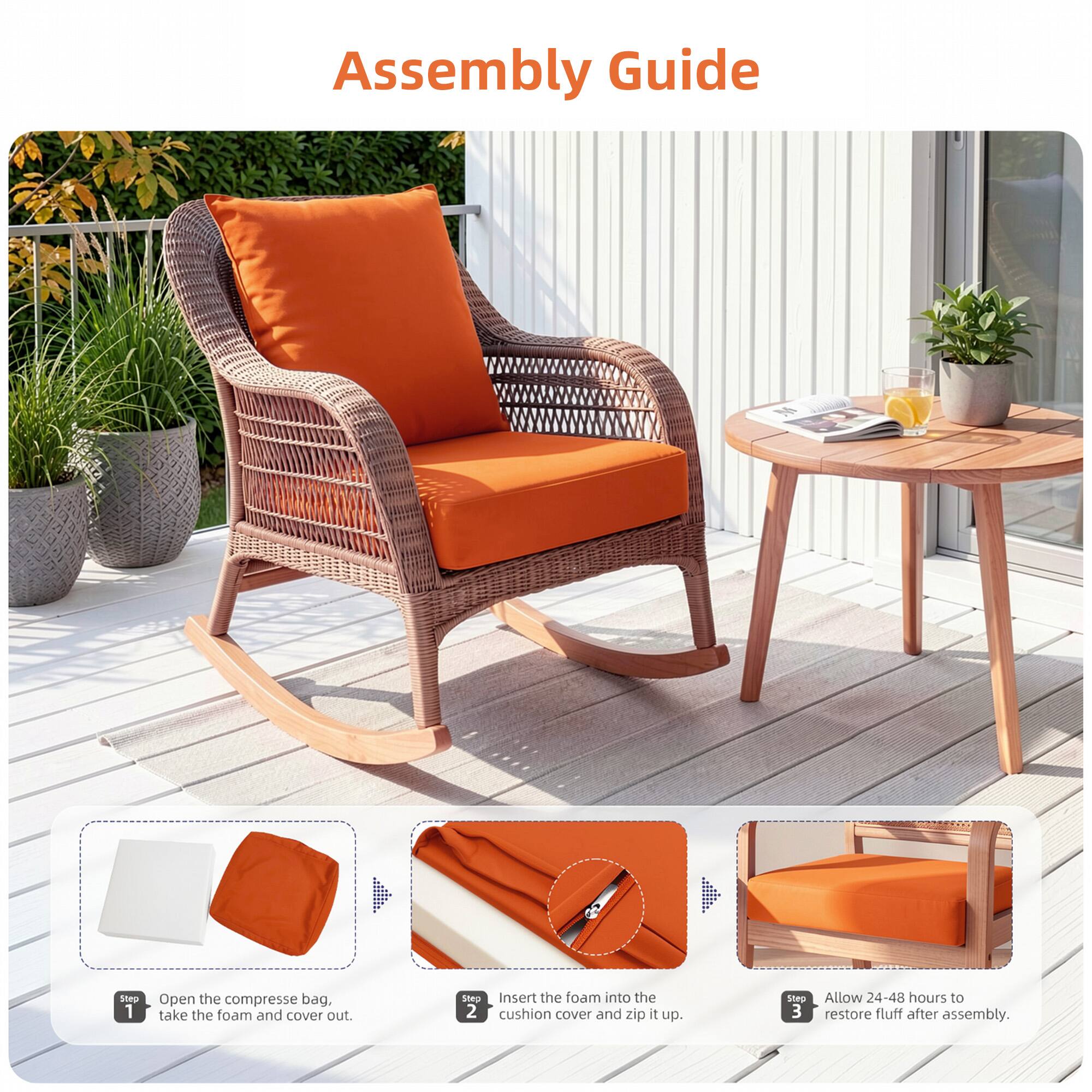 Assembly Guide

1. Open the compress bag, take the foam and cover out.
2. Insert the foam into the cushion cover and zip it up.
3. Allow 24-48 hours to restore fluff after assembly.