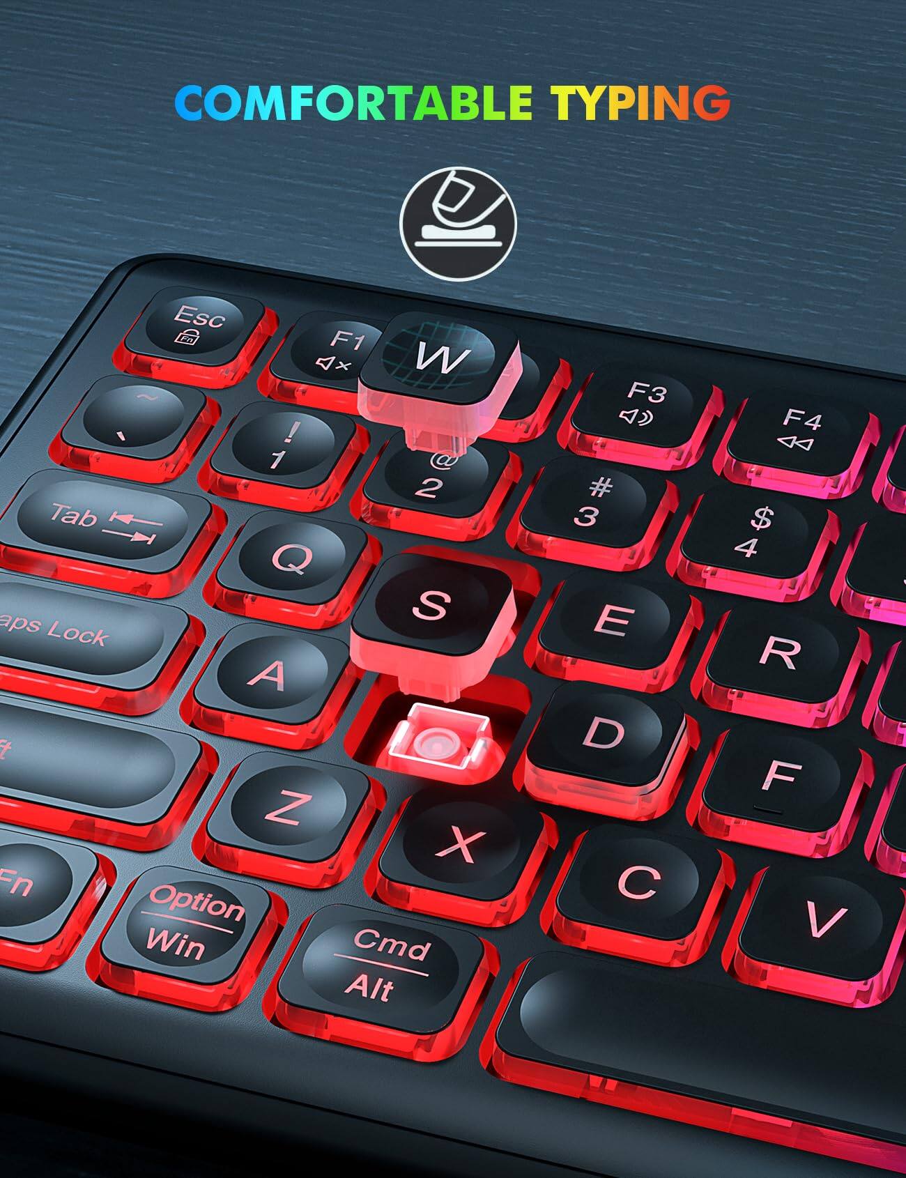 COMFORTABLE TYPING

Esc F1 4x x W ~ 1 ! 1 @ 2 Tab Q aps S Lock A t Z X En Option Win Cmd Alt F3 4 # 3 E D F4 DD $ 4 R F V