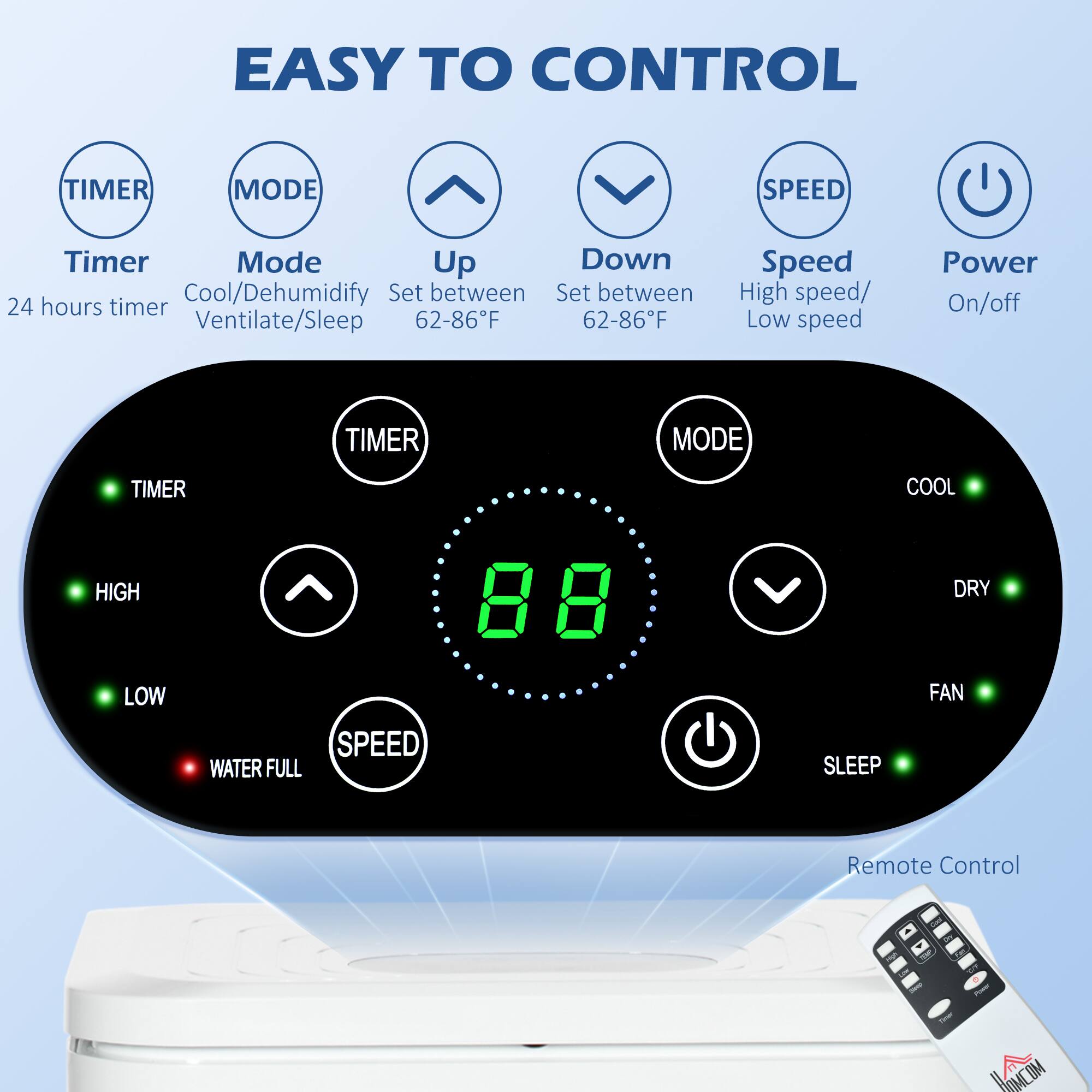 EASY TO CONTROL

- TIMER
  - Timer
  - 24 hours timer

- MODE
  - Mode
  - Cool/Dehumidify
  - Ventilate/Sleep

- Up
  - Set between 62-86°F

- Down
  - Set between 62-86°F

- SPEED
  - Speed
  - High speed/ Low speed

- Power
  - On/off

- TIMER MODE
  - TIMER
  - MODE
  - Up
  - Down
  - SPEED
  - Power

- COOL HIGH DRY LOW FAN SPEED
  - TIMER
  - HIGH
  - LOW
  - WATER FULL
  - SPEED
  - COOL
  - DRY
  - FAN
  - SLEEP

- Remote Control