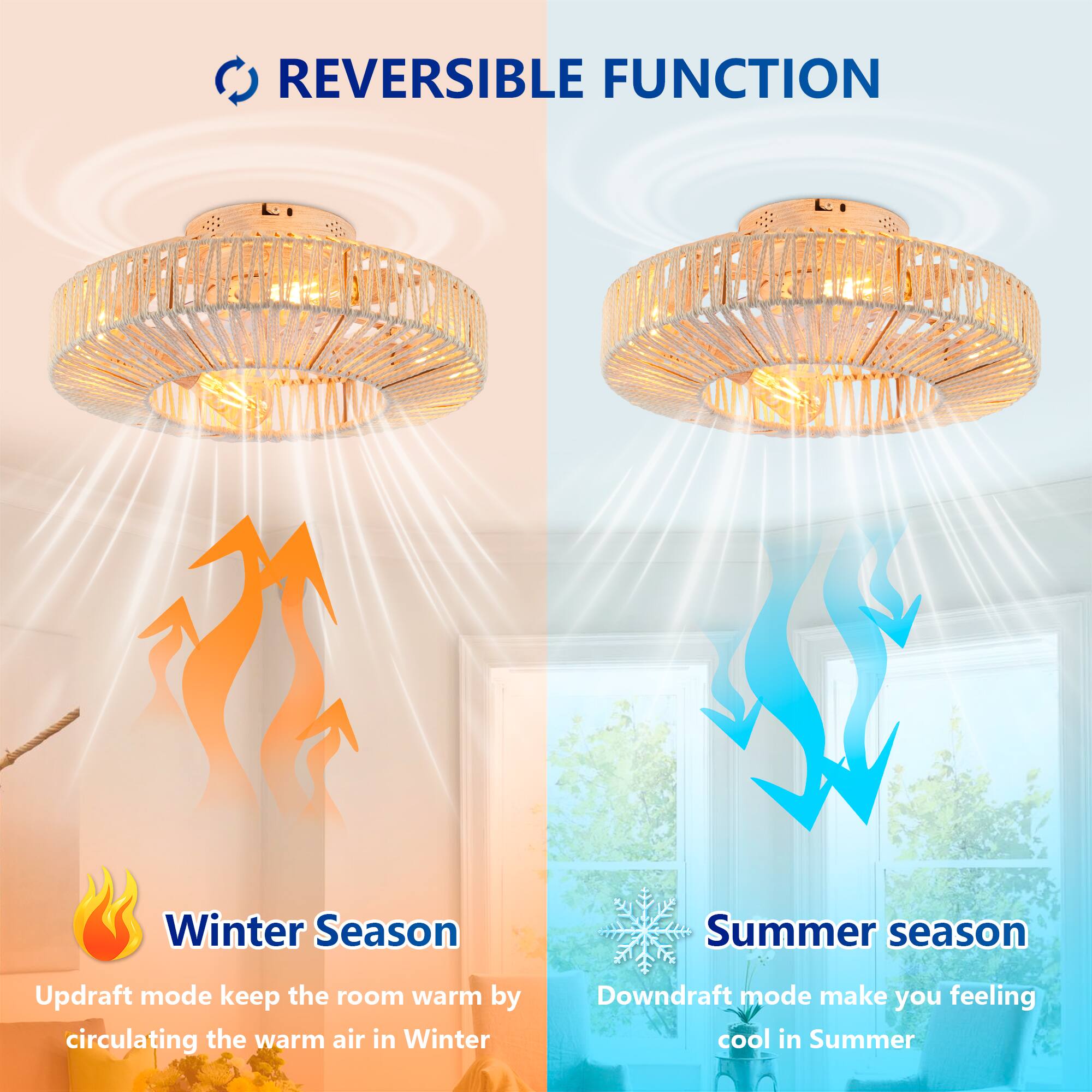 REVERSIBLE FUNCTION

Winter Season  
Updraft mode keeps the room warm by circulating the warm air in Winter

Summer season  
Downdraft mode makes you feeling cool in Summer