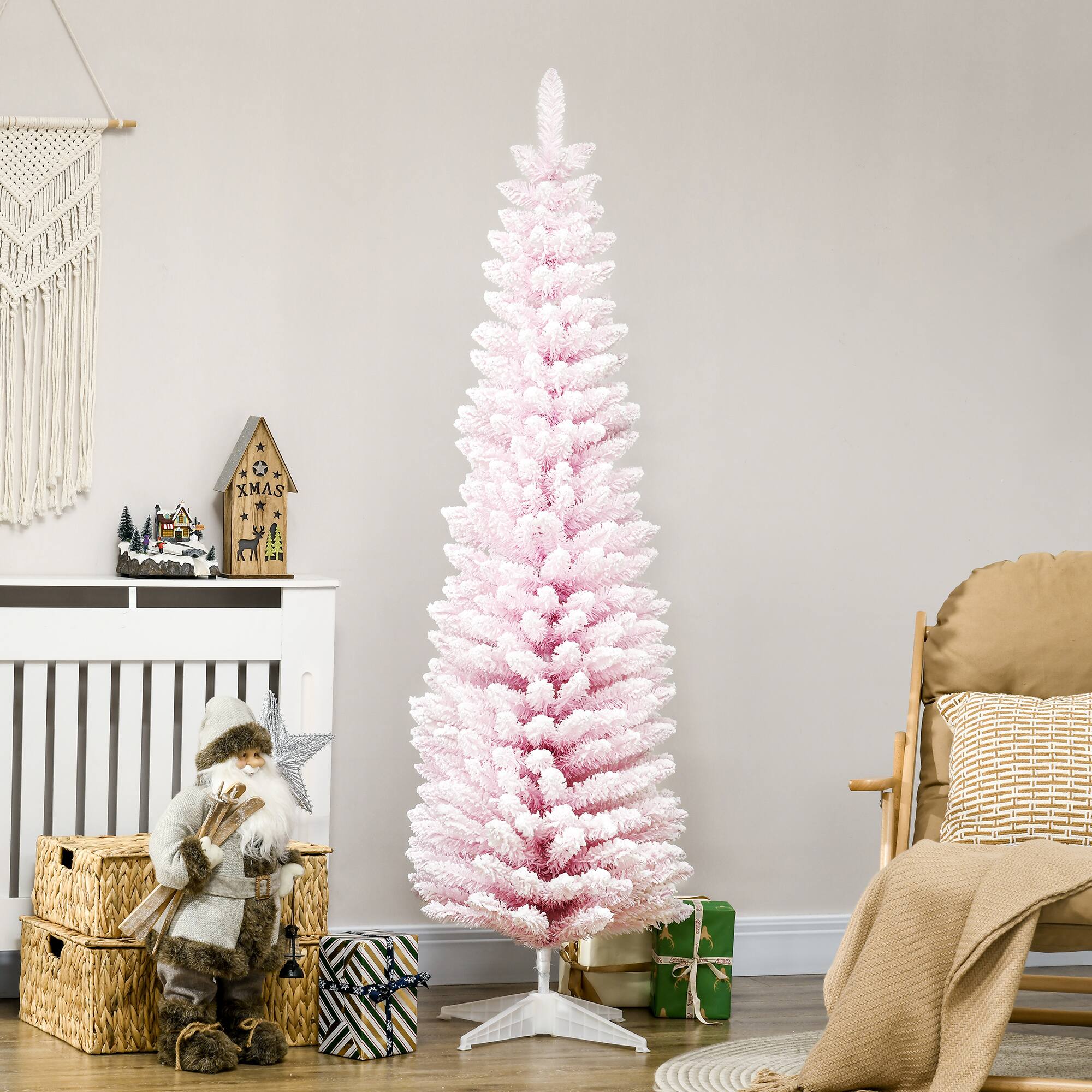 Alt View 1. Homcom - Snow Flocked Slim Pencil Artificial Christmas Tree, Realistic Branches Plastic Base - Pink.