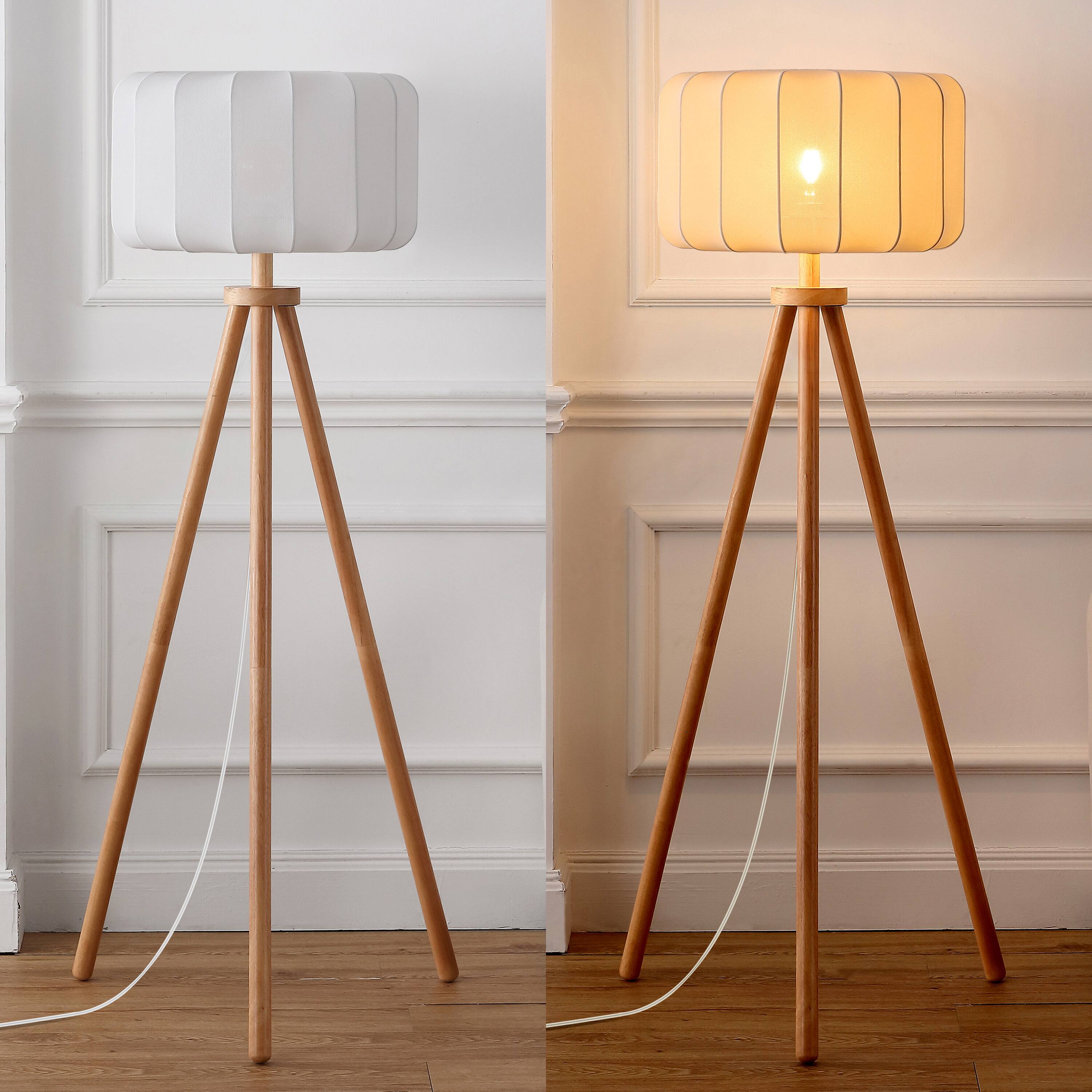 Alt View 3. Jonathan Y - Adriel 52" Mid-Century Modern Tripod Wood with Ribbed Cocoon Pumpkin Shade LED Floor Lamp, White/Light Brown - Light Brown Wood.