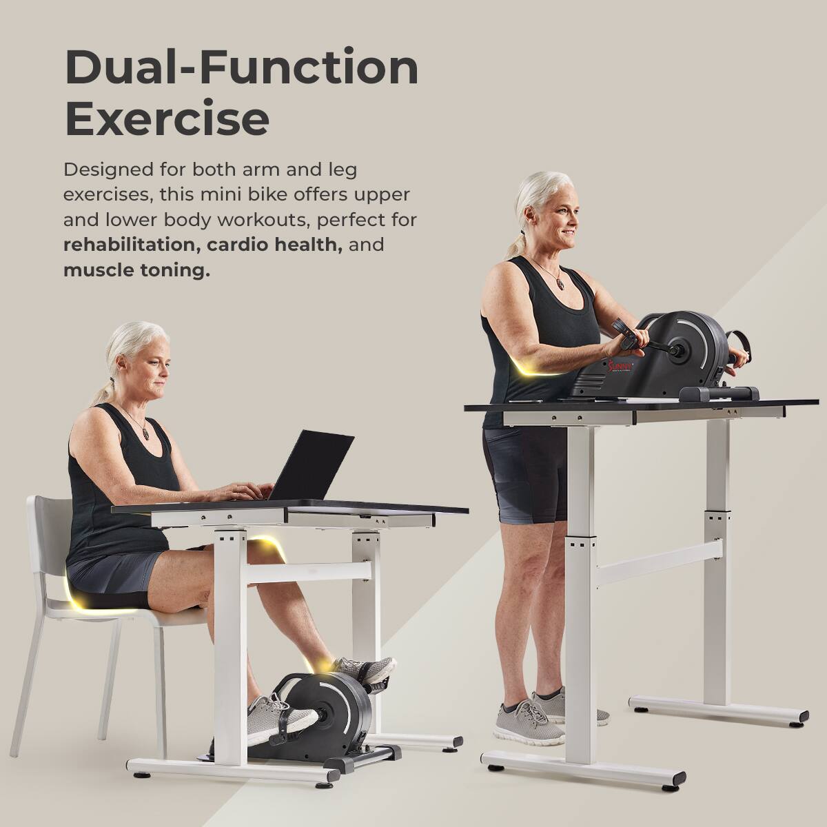 Dual-Function Exercise
Designed for both arm and leg exercises, this mini bike offers upper and lower body workouts, perfect for rehabilitation, cardio health, and muscle toning. SLY