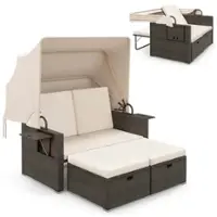 Costway Outdoor Patio Rattan Daybed with Retractable Canopy & Adjustable Backrests - Beige + Mix Brown - Front_Zoom
