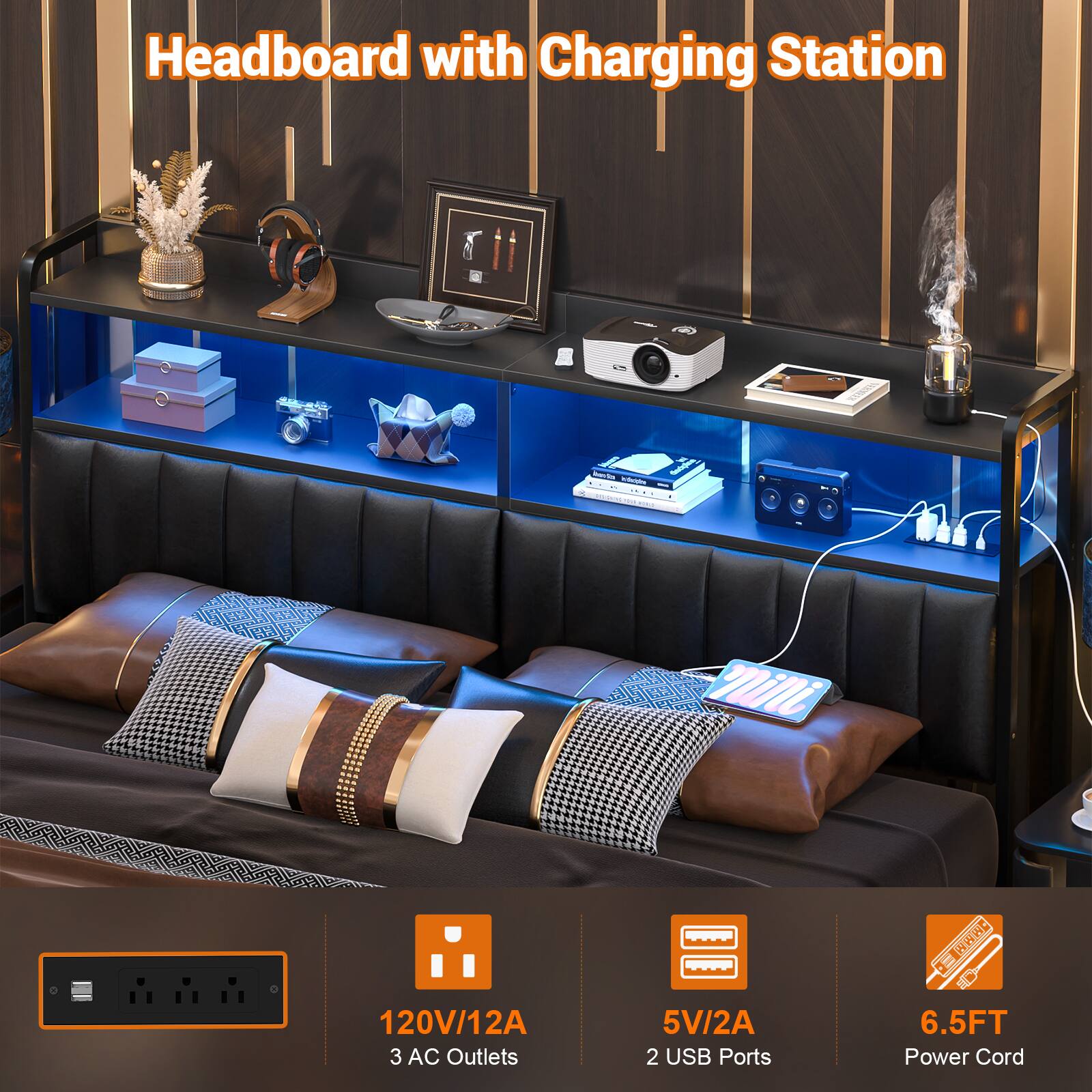 Headboard with Charging Station

- 120V/12A
- 3 AC Outlets
- 5V/2A
- 2 USB Ports
- 6.5FT Power Cord