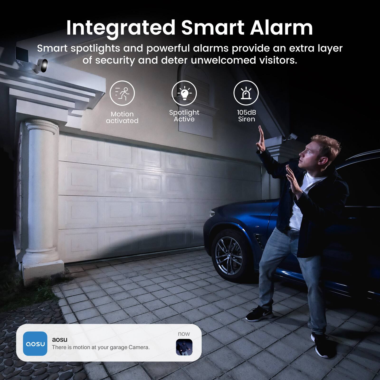 Integrated Smart Alarm

Smart spotlights and powerful alarms provide an extra layer of security and deter unwelcomed visitors.

- Motion activated
- Spotlight Active
- 105dB Siren

aOSU
There is motion at your garage Camera.
