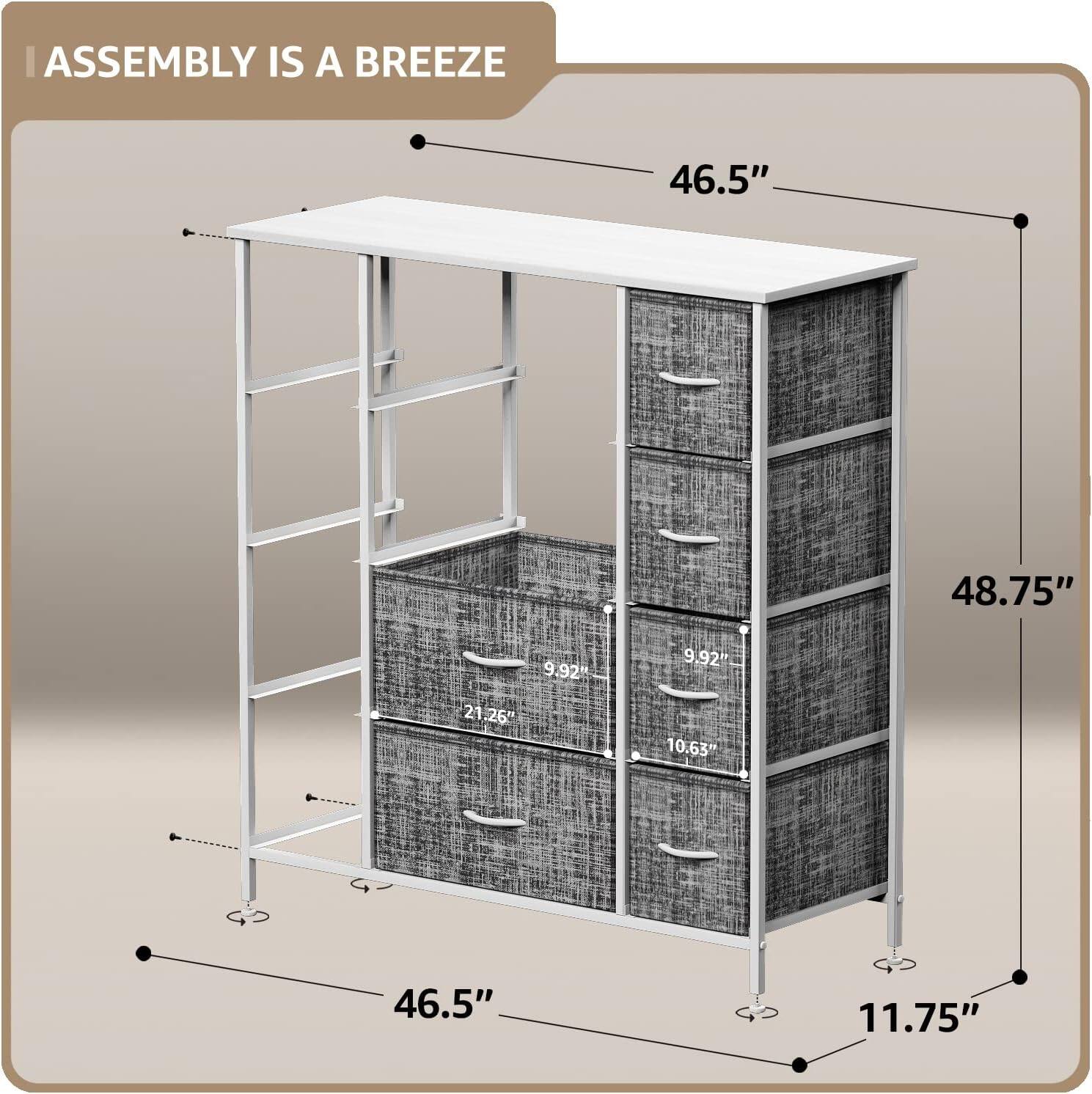 ASSEMBLY IS A BREEZE

46.5"  
48.75"  
9.92"  
10.63"  
21.26"  
11.75"