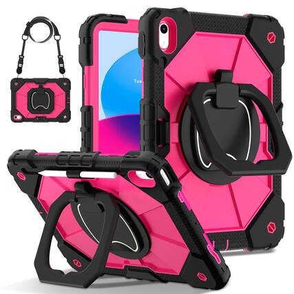 Front. UUCOVER - Rugged Protective Case for iPad (A16) 11-inch 2025/iPad 10th Gen 360° Rotating Stand Hand Grip Cover with Shoulder Strap - Black+Rose.