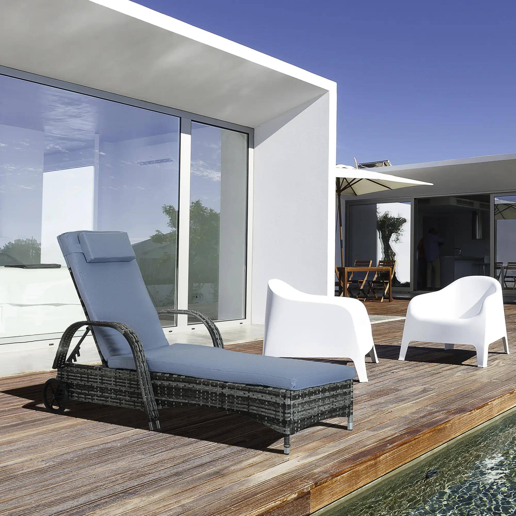 Left. Resenkos - Resenkos Wicker Outdoor Chaise Lounge, 5-Level Adjustable Backrest PE Rattan, With Wheels, Mixed Gray, Gray - Mixed Gray, Gray.