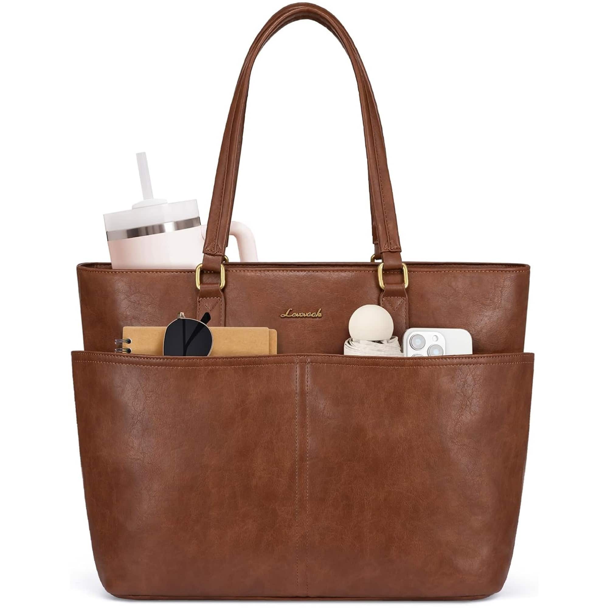 LOVEVOOK - Work Tote Bags for Women, Vintage Leather 15.6 Inch Laptop Bag with Large Cup Holder in Brown - Natural