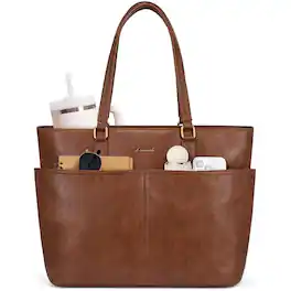 LOVEVOOK - Work Tote Bags for Women, Vintage Leather 15.6 Inch Laptop Bag with Large Cup Holder in Brown - Natural