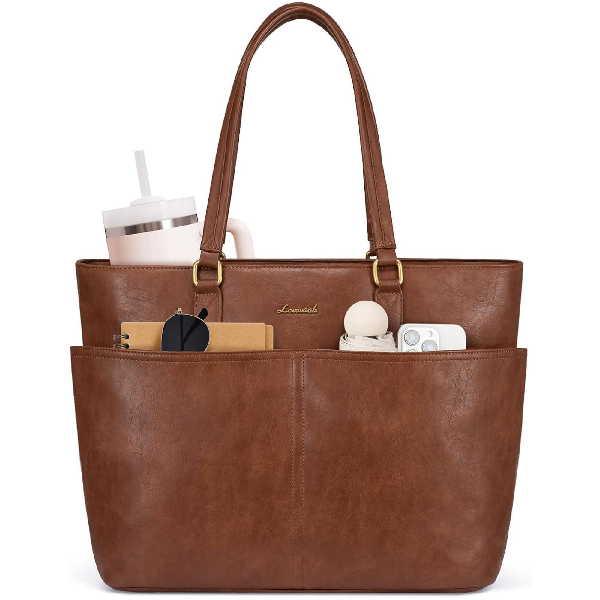 Front. LOVEVOOK - LOVEVOOK Work Tote Bags for Women, Vintage Leather 15.6 Inch Laptop Bag with Large Cup Holder in Brown - Natural.