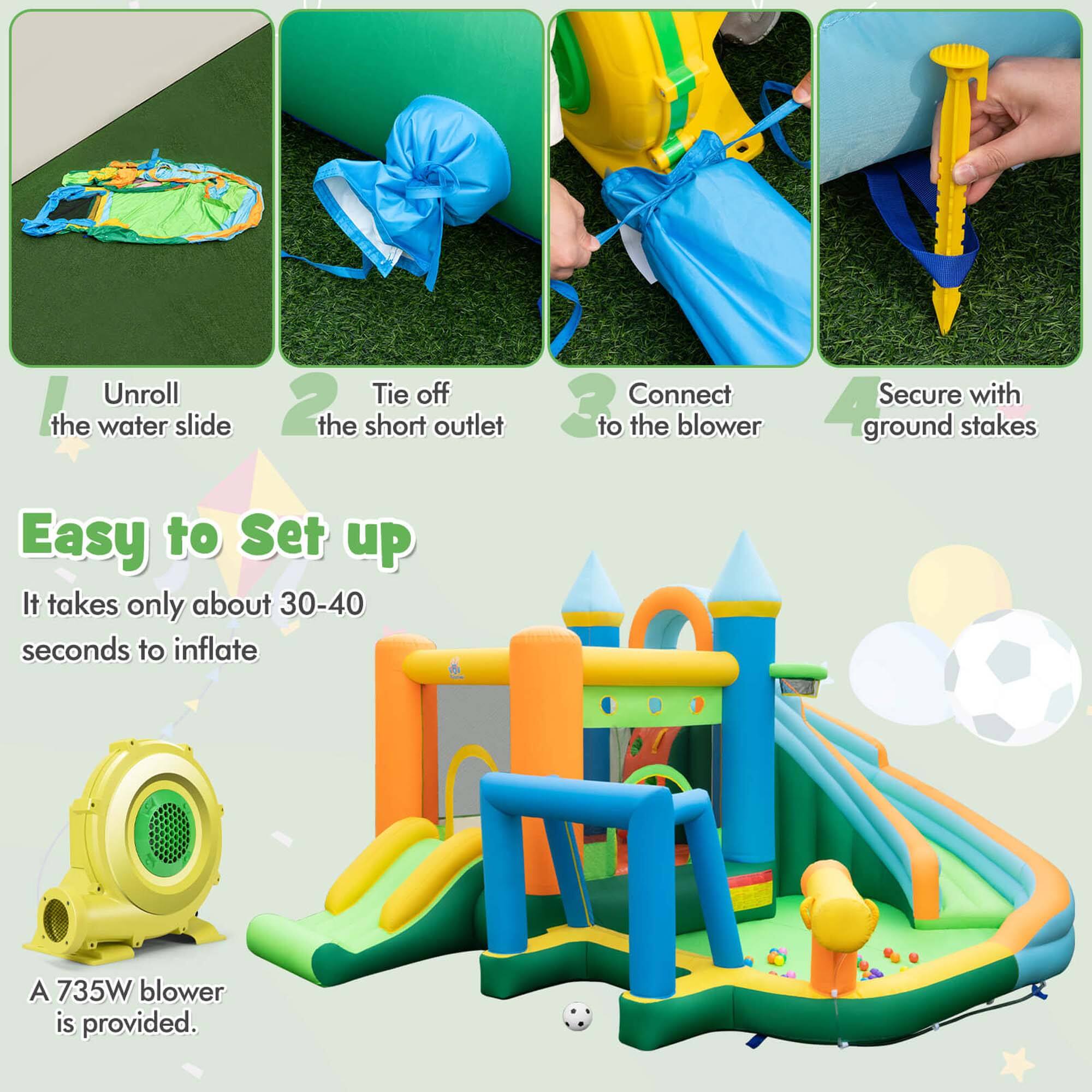 Unroll the water slide  
2. Tie off the short outlet  
3. Connect to the blower  
Secure with ground stakes  

Easy to Set up  
It takes only about 30-40 seconds to inflate  

A 735W blower is provided.