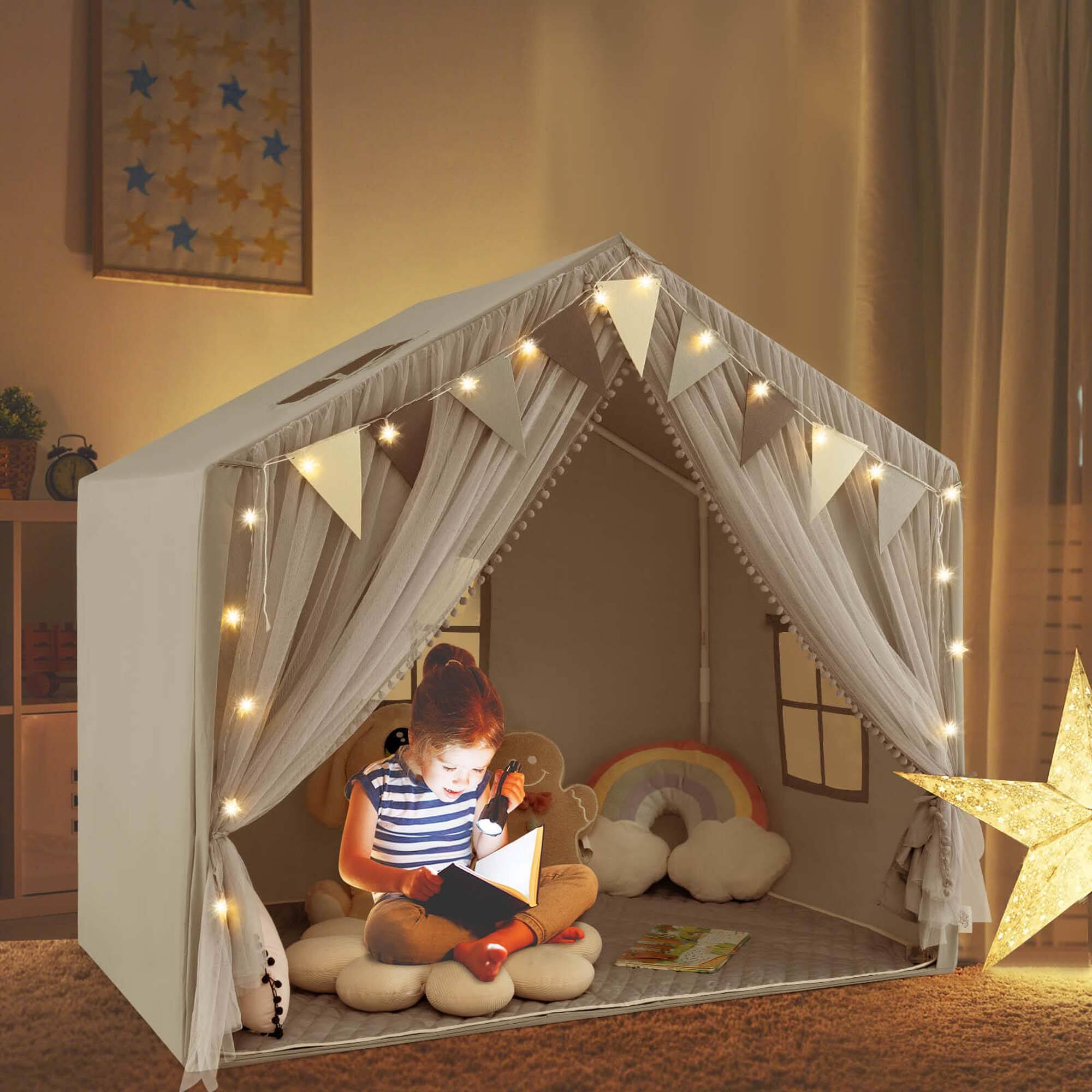 Alt View 1. Costway - Costway  Kids Play Tent with Door Curtains Windows Star Lights Colorful Flags Padded Mat - Gray.