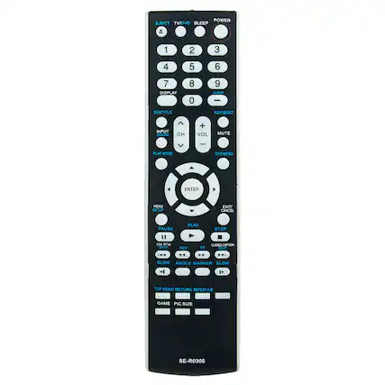 POWER EJECT TV/DVD SLEEP 1 2 3 4 5 6 7 DISPLAY 8 0 9 JUMP - SUBTITLE AUDIO SELECT INPUT ZOOM CH + VOL MUTE PLAY MODE DVD MENU ENTER MENU SETUP EXIT/ CANCEL PLAY PAUSE STOP " CH RTN CLOBEDCAPTION SKIP REV FF SKIP 1 4 > SLOW ANGLE MARKER SLOW TOP MENU RETURN REPEAT-A-B GAME PIC SIZE SE-R0305