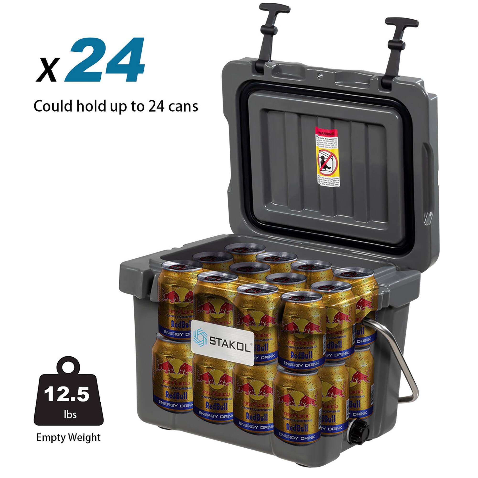 x 24  
Could hold up to 24 cans  

WARNING - RedBull ENERGY DRINK  

12.5 lbs Empty Weight  

STAKOL