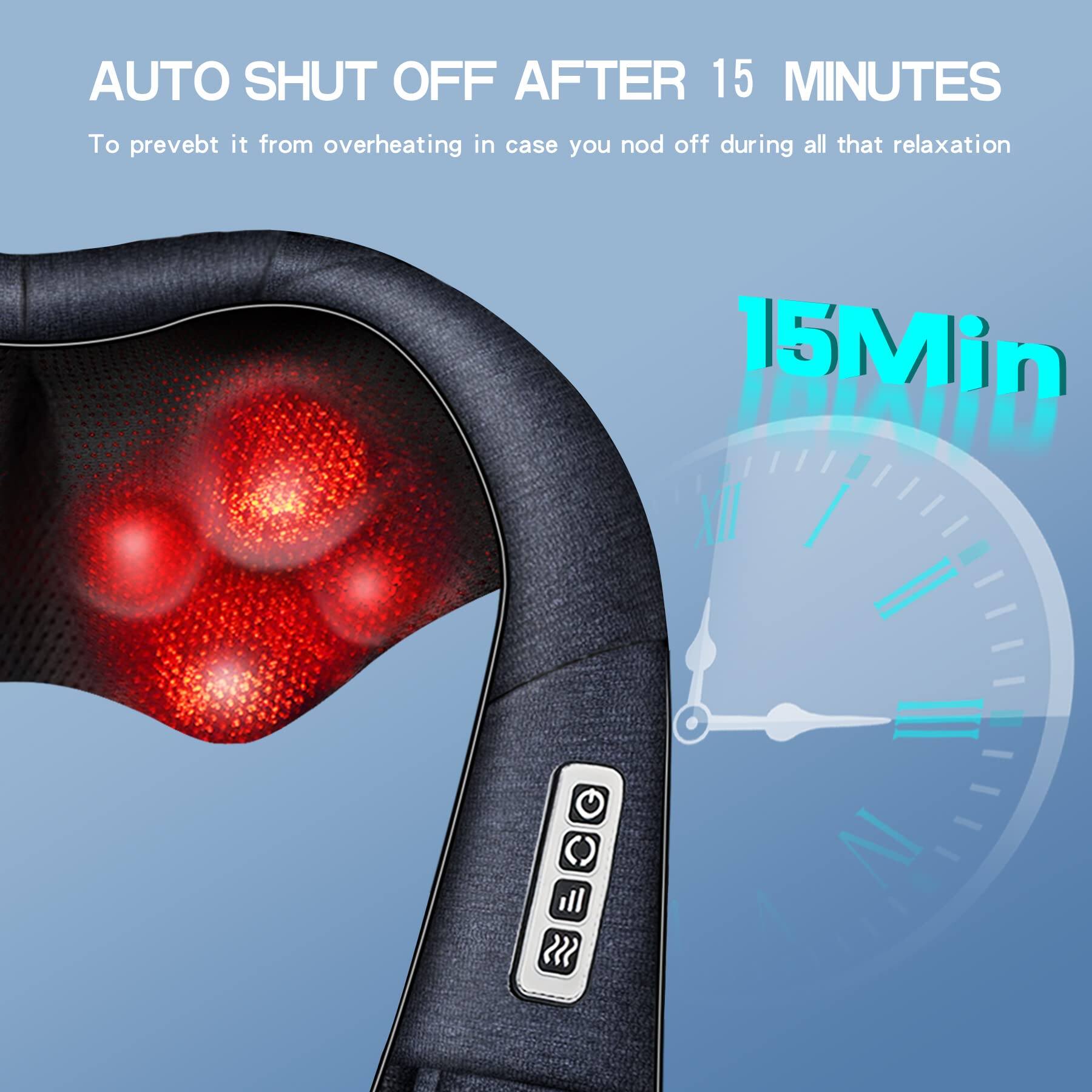 AUTO SHUT OFF AFTER 15 MINUTES  
To prevent it from overheating in case you nod off during all that relaxation  

15Min