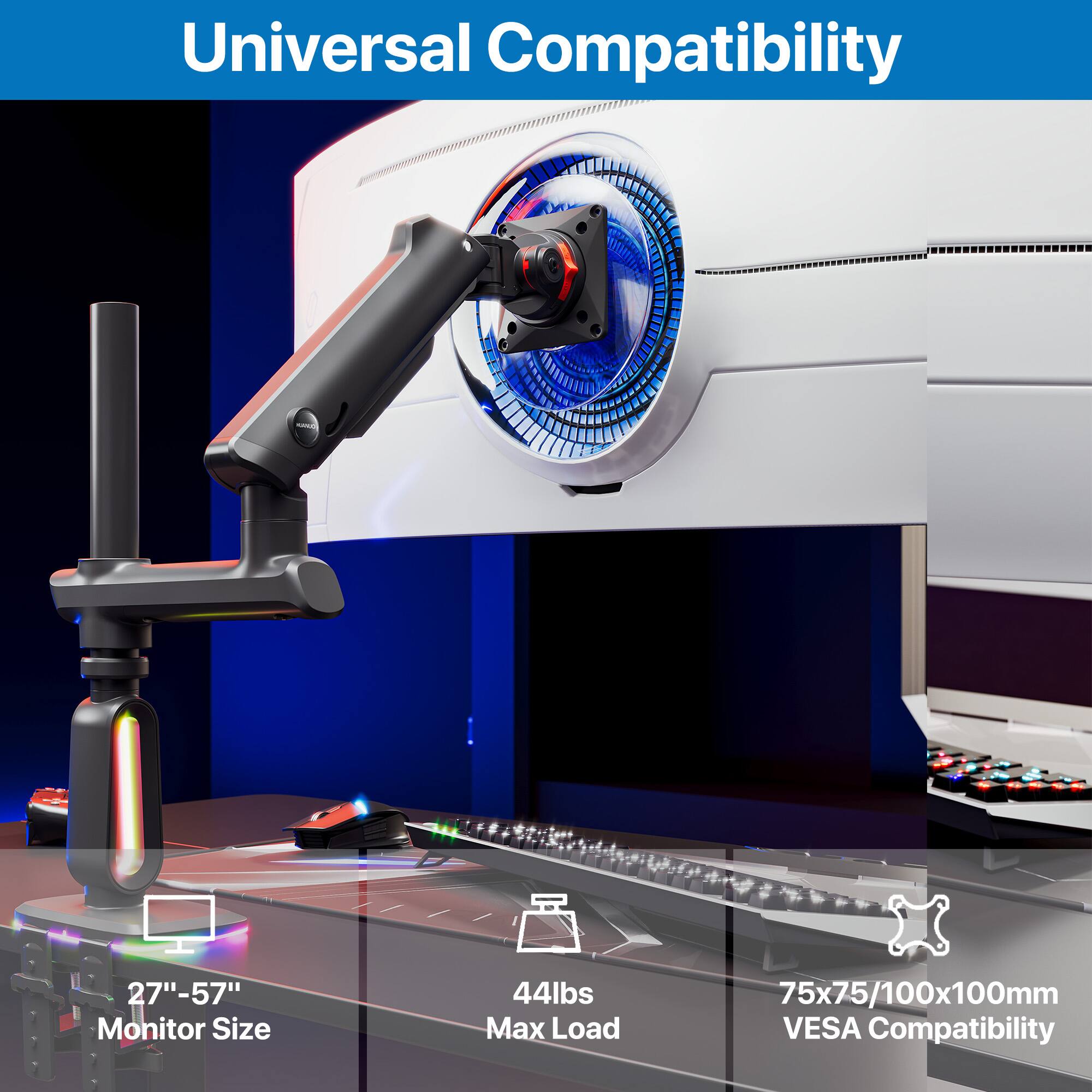 Universal Compatibility - 27"-57" Monitor Size, 44lbs Max Load, 75x75/100x100mm VESA Compatibility.