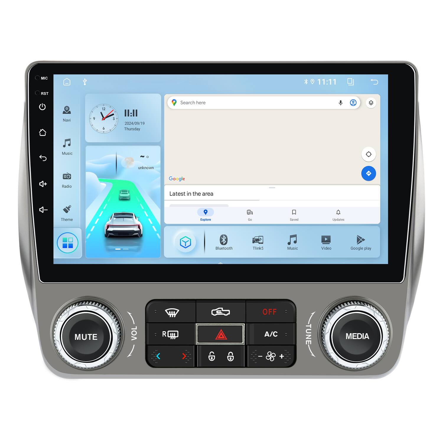 MIC * e 11:11 RST Navi 1 1 & 1 II:Il 2024/09/19 Thursday Search here Music unknown TO Rlado Google Latest in the area Theme Explore de Saved Uandartes Bluetooth Tlnks Music Video Google play MUTE VOL R OFF A/C + TUNE MEDIA