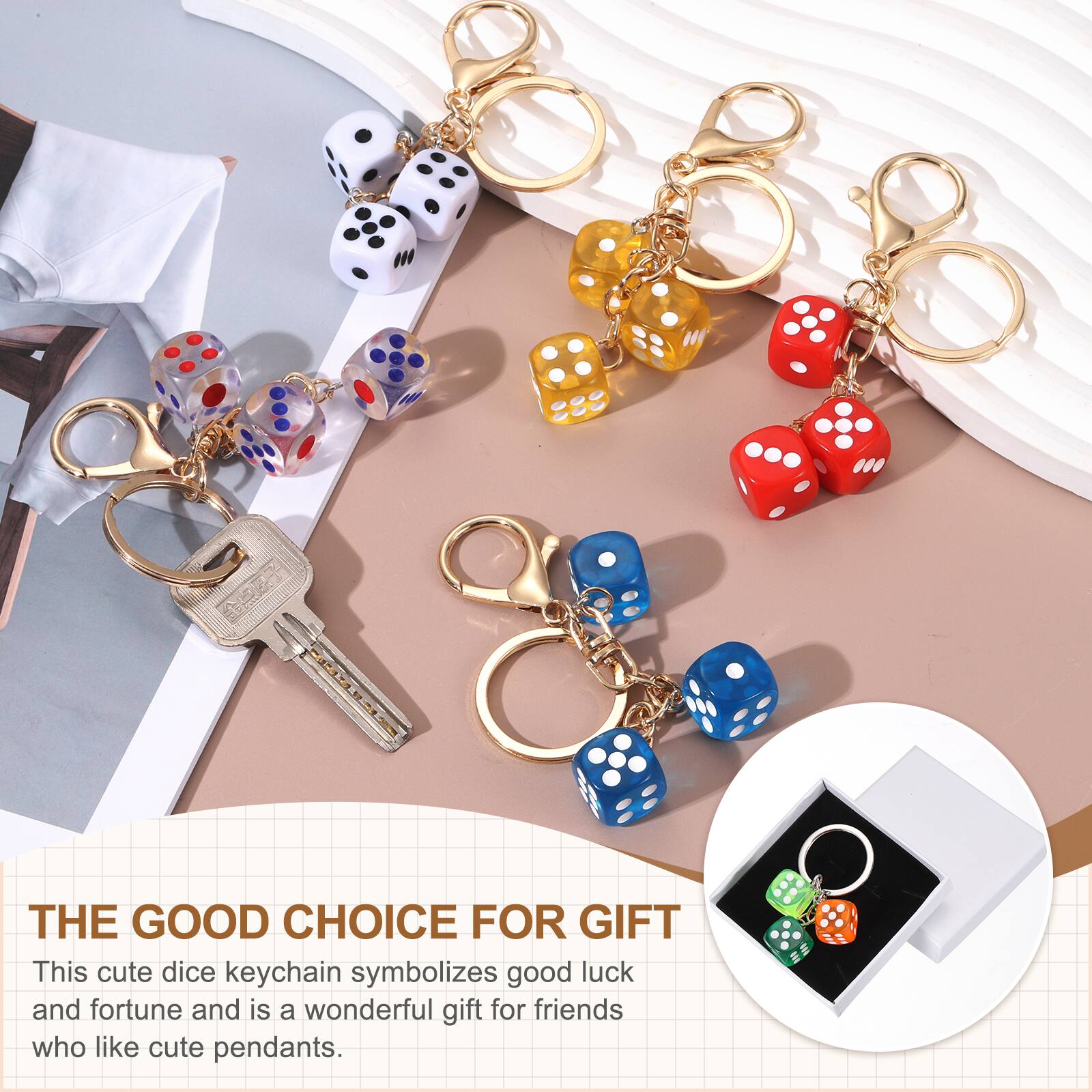 THE GOOD CHOICE FOR GIFT

This cute dice keychain symbolizes good luck and fortune and is a wonderful gift for friends who like cute pendants.