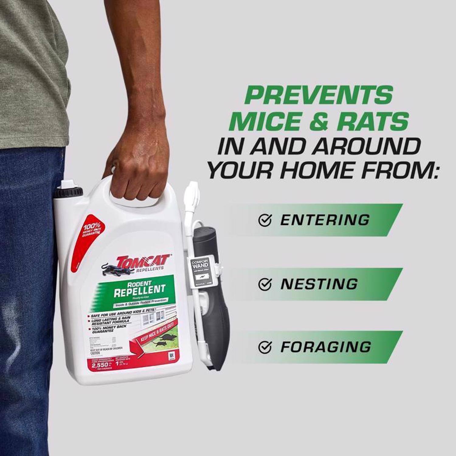 PREVENTS MICE & RATS IN AND AROUND YOUR HOME FROM:

- ENTERING
- NESTING
- FORAGING

100% TOMCAT REPELLENTS COMFORT WAND RODENT REPELLENT

FORMULA RESISTANT

GUARANTEES

2,550
