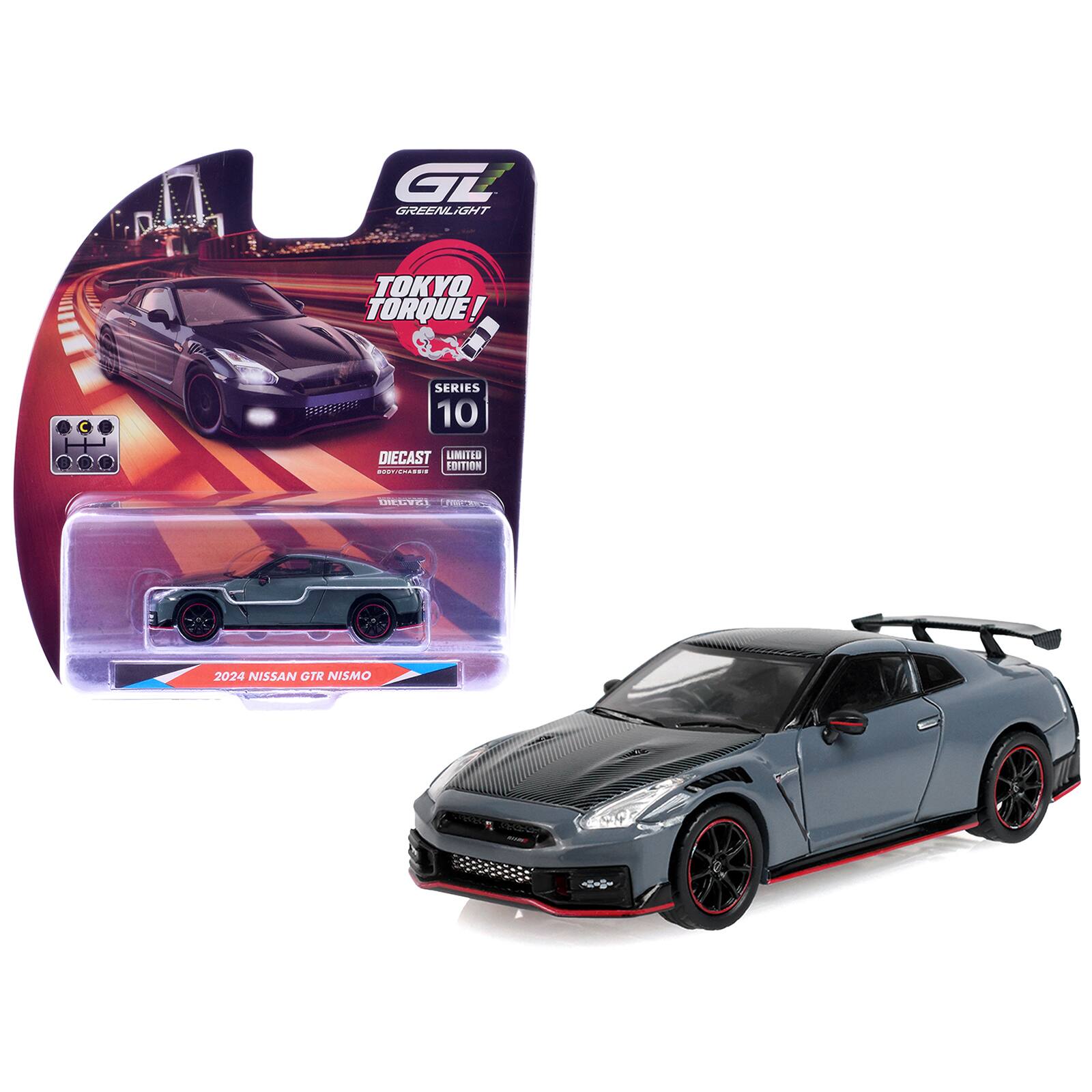 2024 Nissan GT-R (R35) NISMO RHD Stealth Gray with Carbon Top & Hood "Tokyo Torque" 1/64 Diecast Model Car by Greenlight