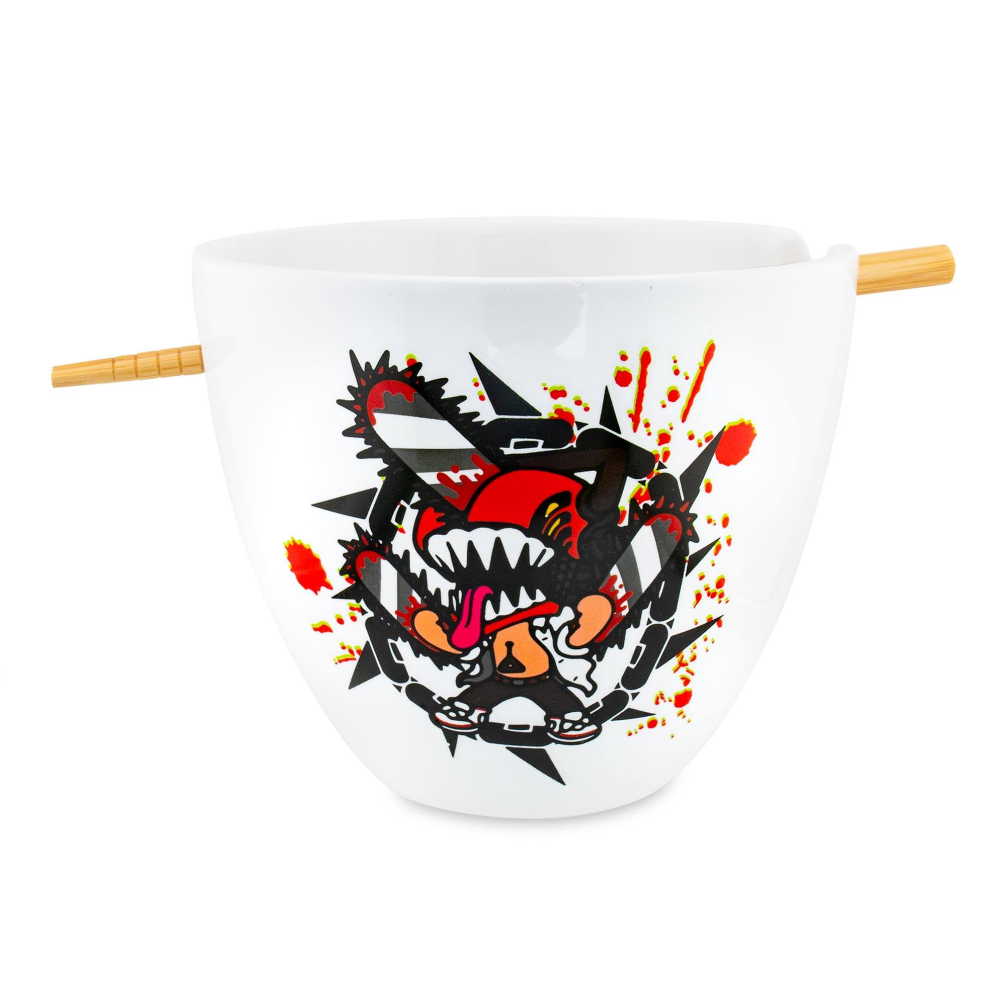 Front. Just Funky - Chainsaw Man 16-Ounce Ceramic Ramen Bowl and Chopstick Set - White/Red.