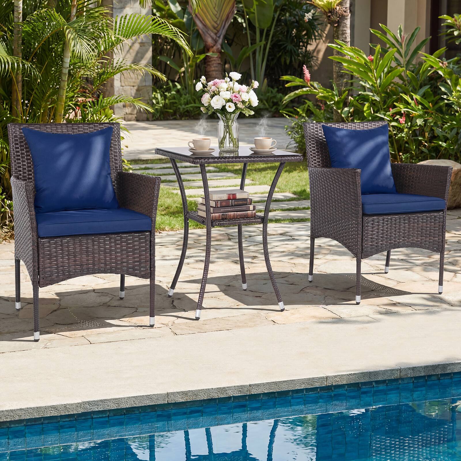 Alt View 3. Costway - Costway 3PCS Patio Wicker Bistro Set, 2 Rattan Chairs with Double-Tier Tempered Glass Table - Mix Brown + Blue.