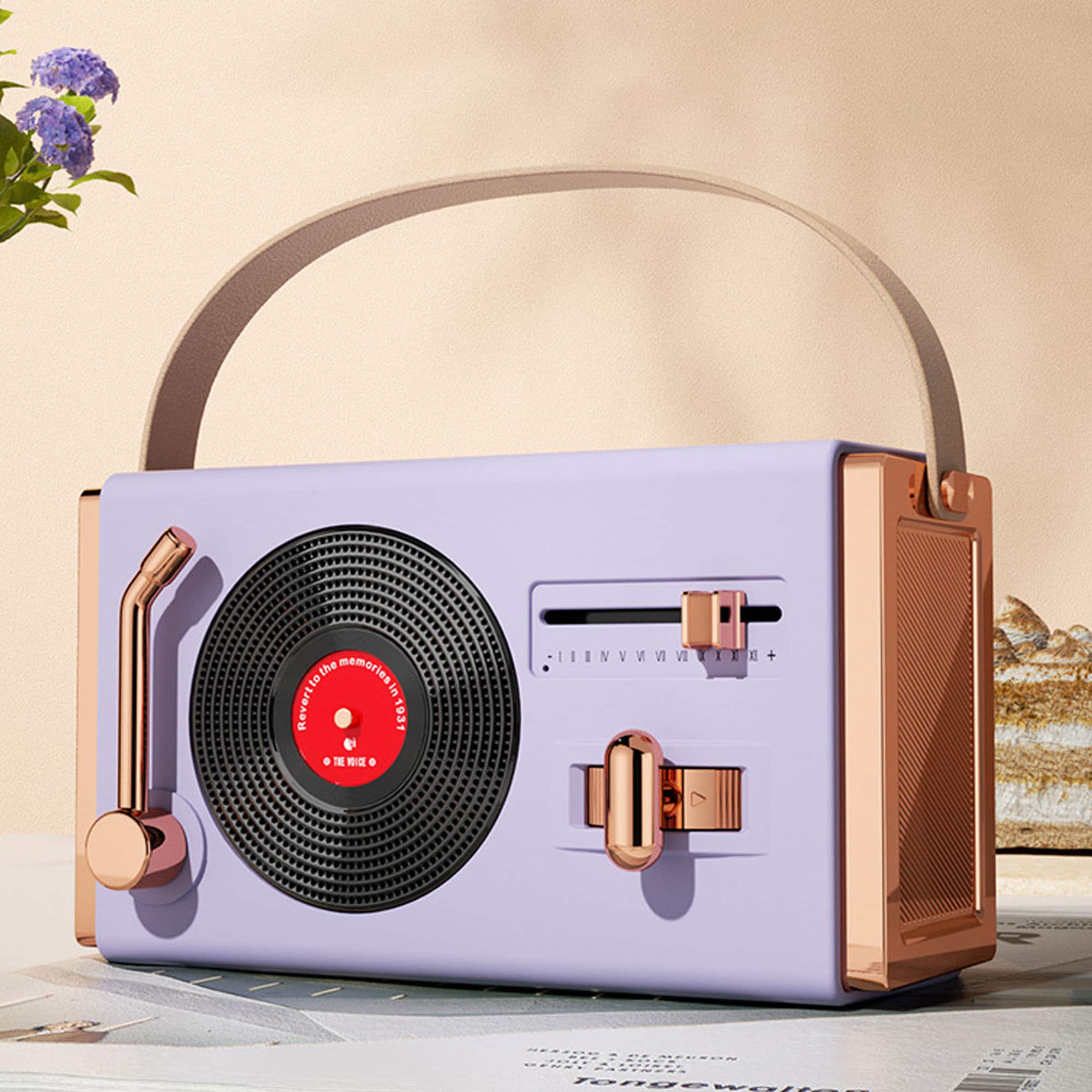 YONWAY - Retro Wireless Bluetooth Speaker, Vinyl Record Player Style, Supports USB, TF Card, AUX, Battery Life of 8-10 Hours - Purple