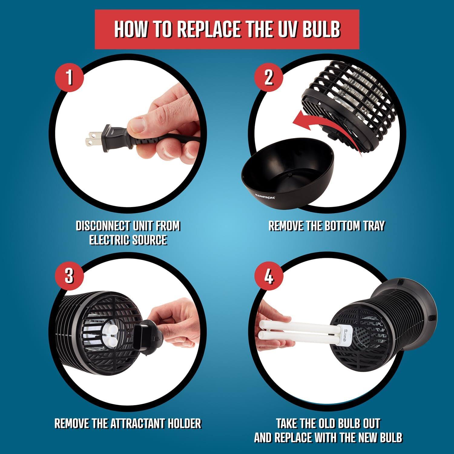 HOW TO REPLACE THE UV BULB

1. DISCONNECT UNIT FROM ELECTRIC SOURCE
2. REMOVE THE BOTTOM TRAY
3. REMOVE THE ATTRACTANT HOLDER
4. TAKE THE OLD BULB OUT AND REPLACE WITH THE NEW BULB