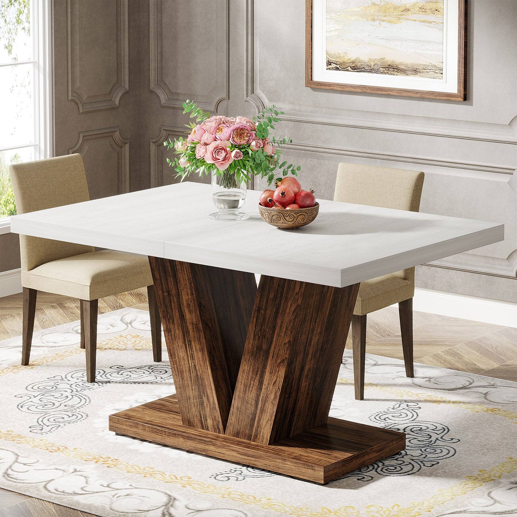 Back. Tribesigns - Farmhouse Dining Table with Space-Saving Design and Pedestal Base for Dining Room and Kitchen - White.