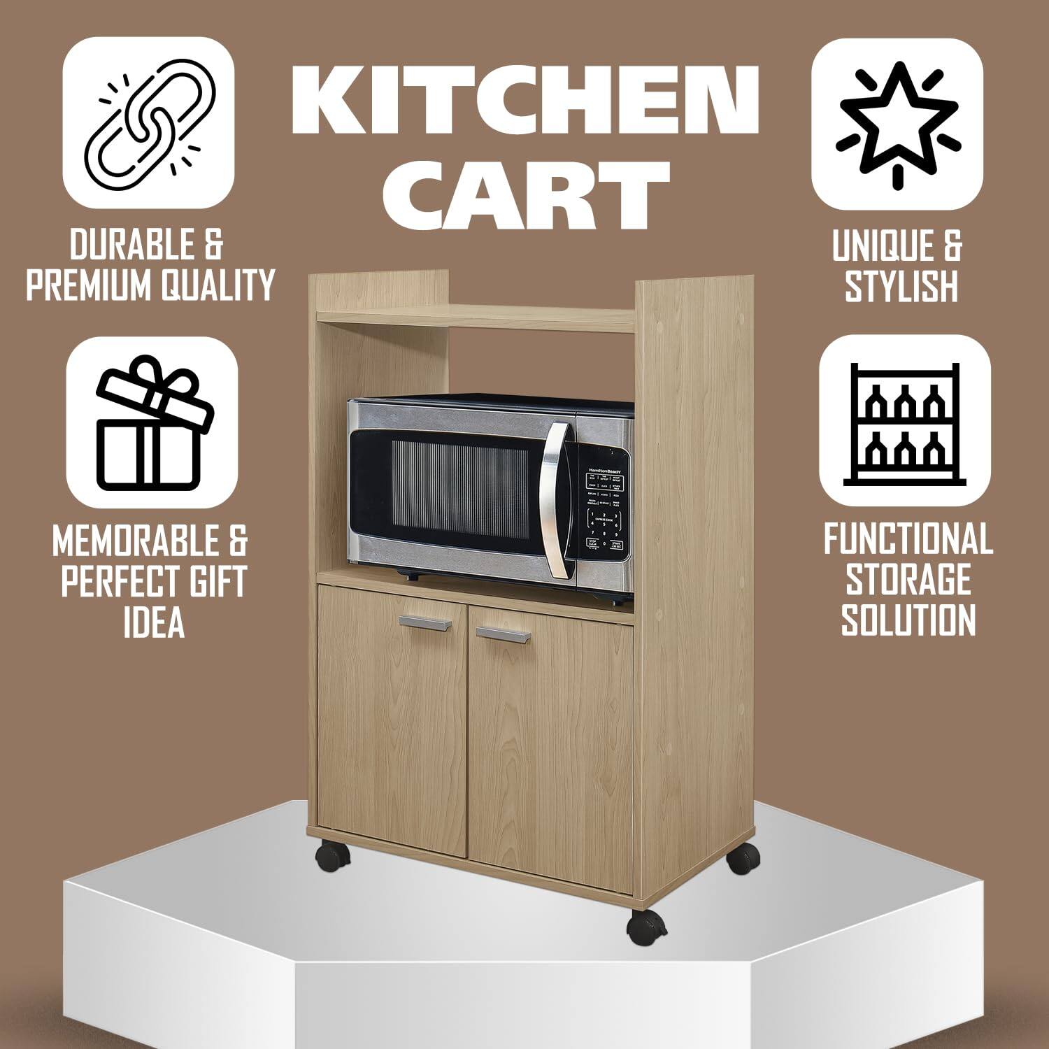 KITCHEN CART

- DURABLE & PREMIUM QUALITY
- UNIQUE & STYLISH
- MEMORABLE & PERFECT GIFT IDEA
- FUNCTIONAL STORAGE SOLUTION
